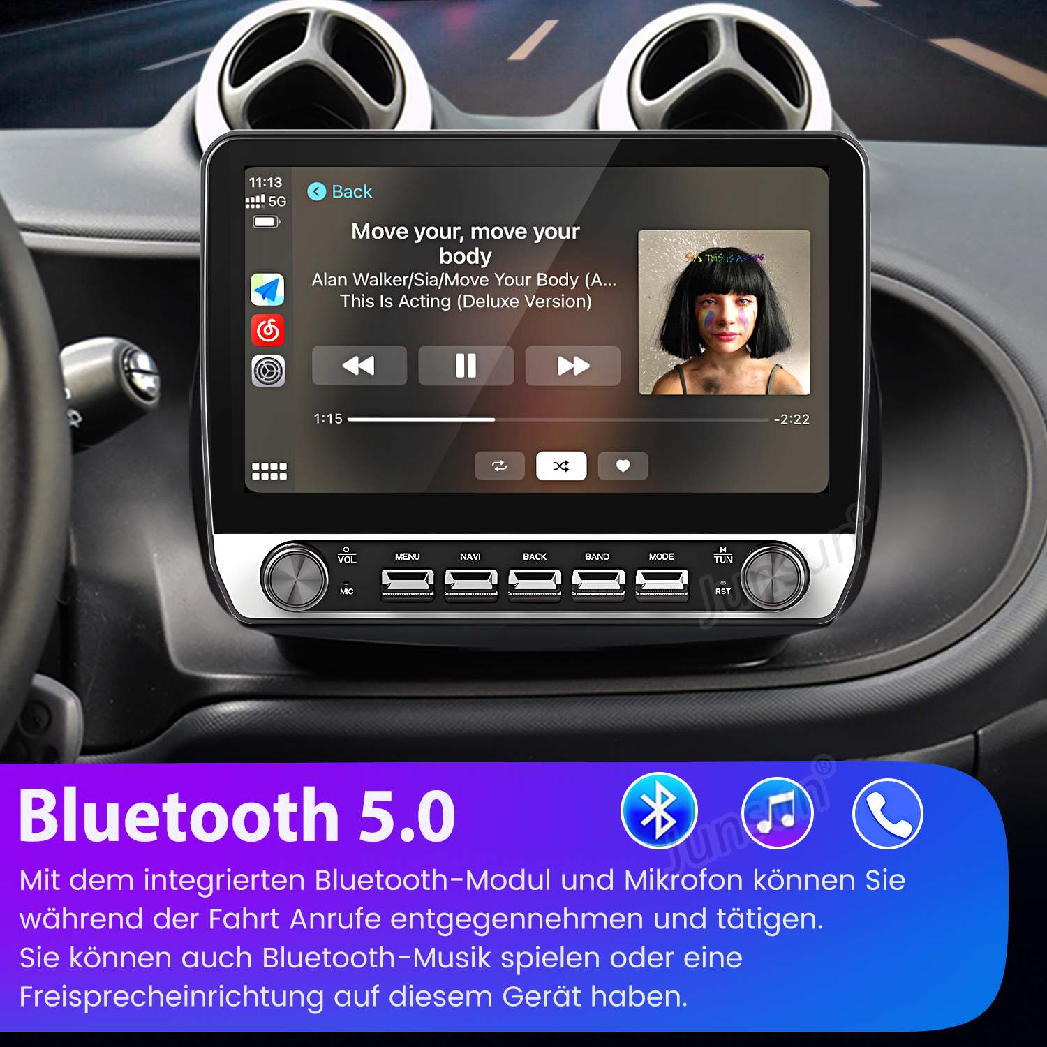 Autoradio zeigt Musikplayer-Oberfläche. Gesicht einer Frau im Albumcover sichtbar. Darunter Bluetooth 5.0-Werbung.