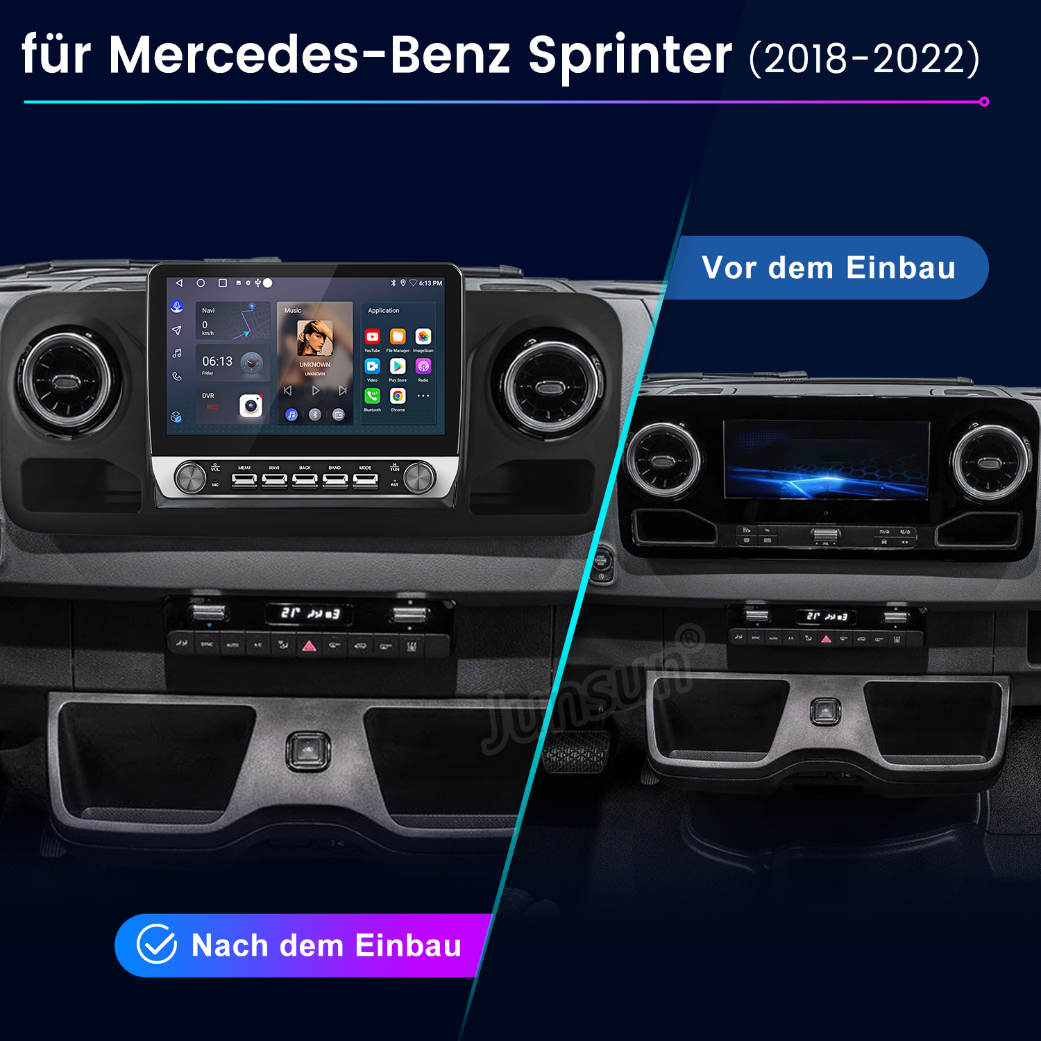 Das Bild zeigt ein Armaturenbrett vor und nach der Installation eines neuen Infotainmentsystems, mit Musik und Navigation.