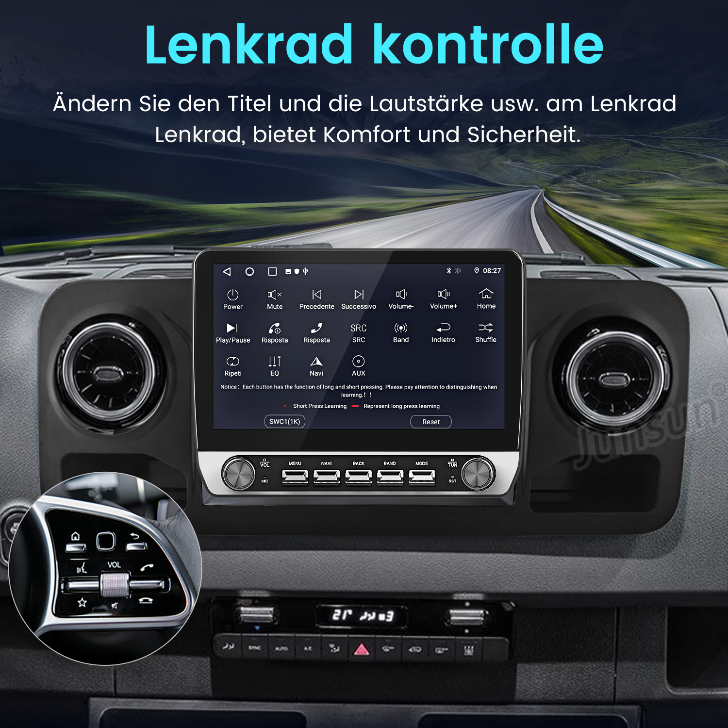 Armaturenbrett eines Autos mit Multimediabildschirm, Knöpfen und Lenkradbedienfeld. Straßenbild auf dem Bildschirm.