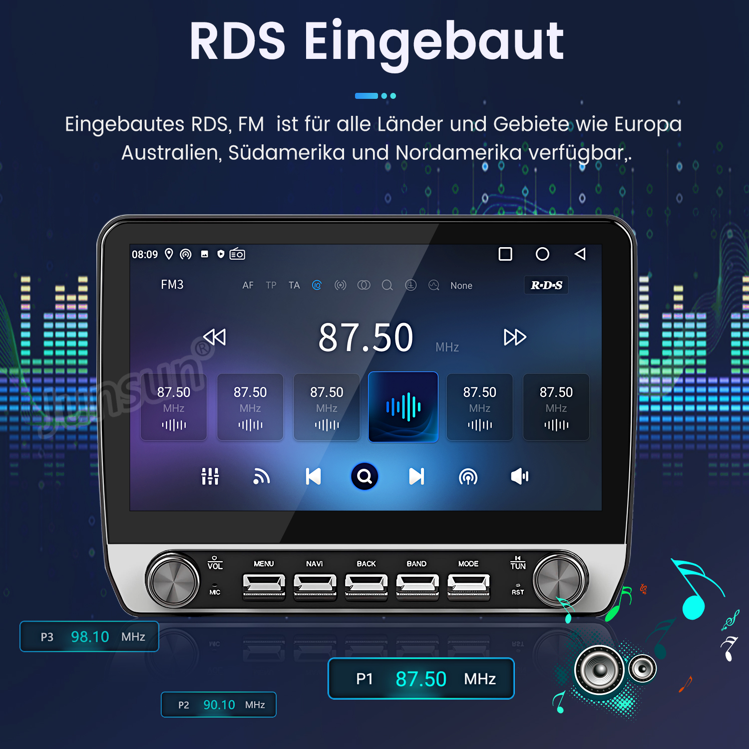 Autoradio mit RDS-Funktion, das die Frequenz 87,50 MHz anzeigt. Text auf Deutsch. Knöpfe und Regler sind sichtbar.