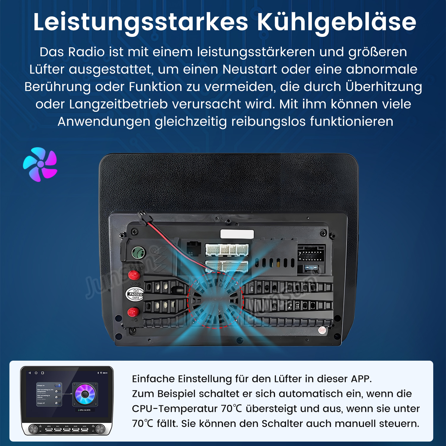 Autoradio mit Lüfter. Verhindert Überhitzung. Ein Bildschirm zeigt Temperatur und Steuerung.