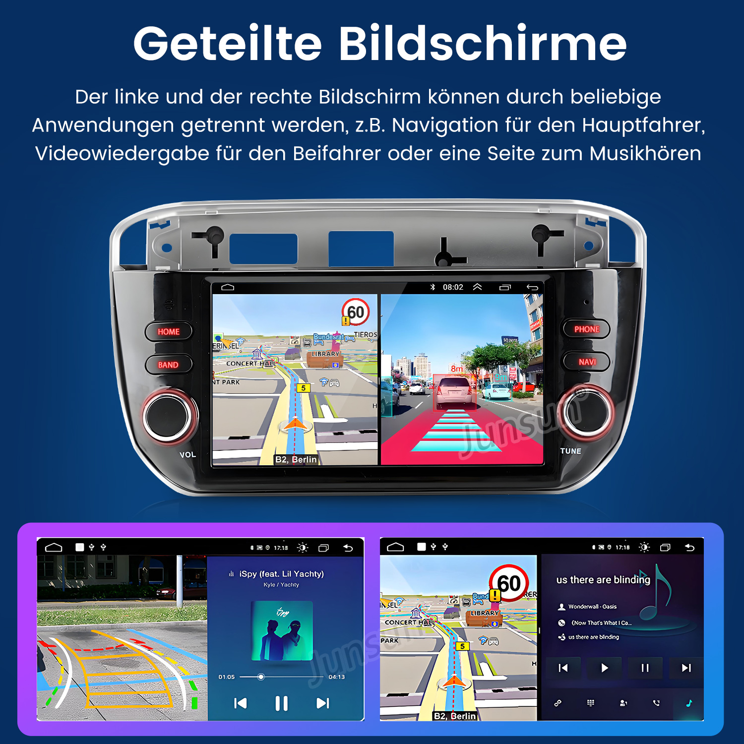 Auto-Multimedia-System mit geteiltem Bildschirm, der Navigation und Musik mit einem Geschwindigkeitsbegrenzungsschild anzeigt.