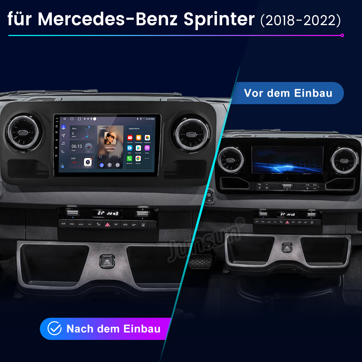 Vergleich des Armaturenbretts vor und nach der Installation eines neuen Bildschirms. Zeigt das Innere des Sprinters mit dem Bildschirm.