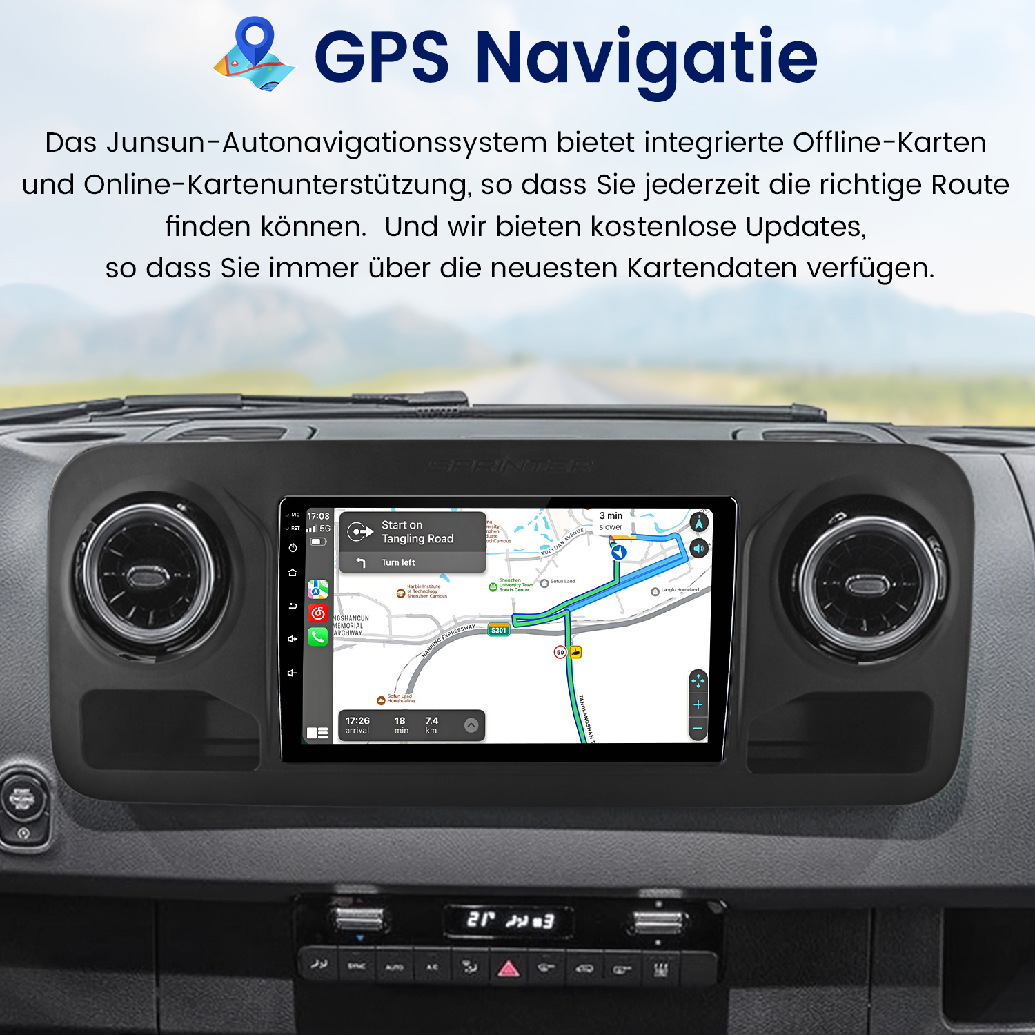 Armaturenbrett mit GPS-Navigation. Im Hintergrund verschwommene Straße und Himmel. Vordergrund: schwarzes Armaturenbrett.
