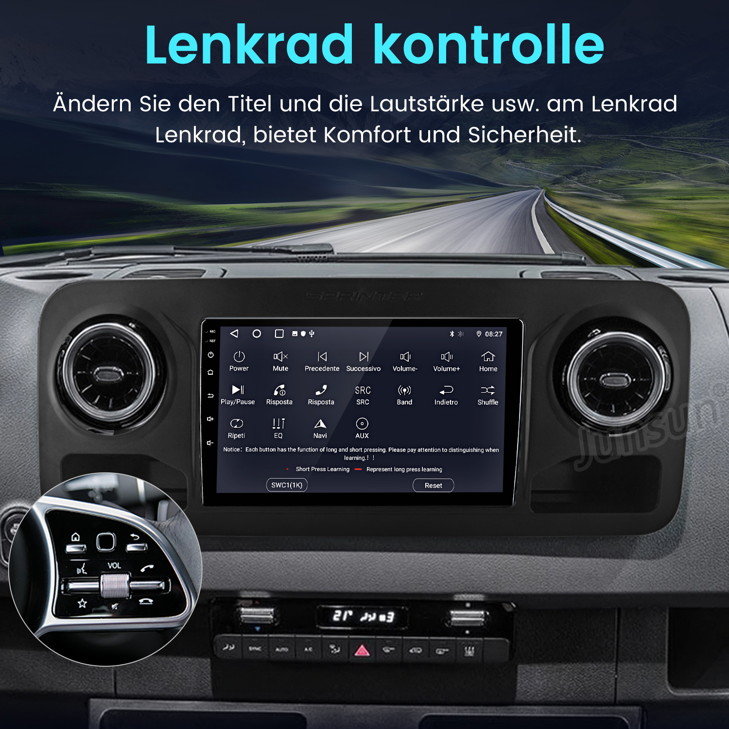 Auto-Armaturenbrett mit Straßenansicht auf dem Bildschirm, Lenkradbedienung und Knöpfen. Deutscher Text oben.