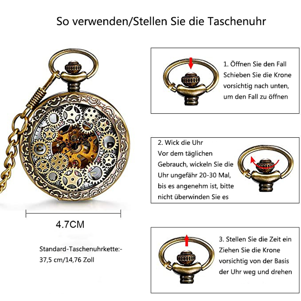 Eine bronzene Taschenuhr mit sichtbaren Zahnrädern und einer Kette, mit Anweisungen zur Verwendung auf Deutsch.