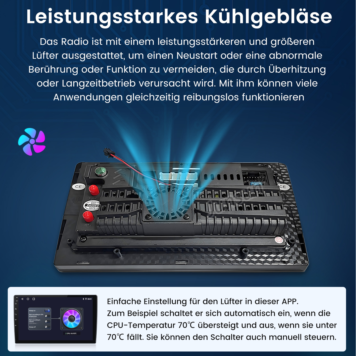 Autoradiokomponente mit Lüfter und Bildschirm, der Einstellungen und Temperatur anzeigt. Der Text auf Deutsch erklärt die Lüfterfunktion.