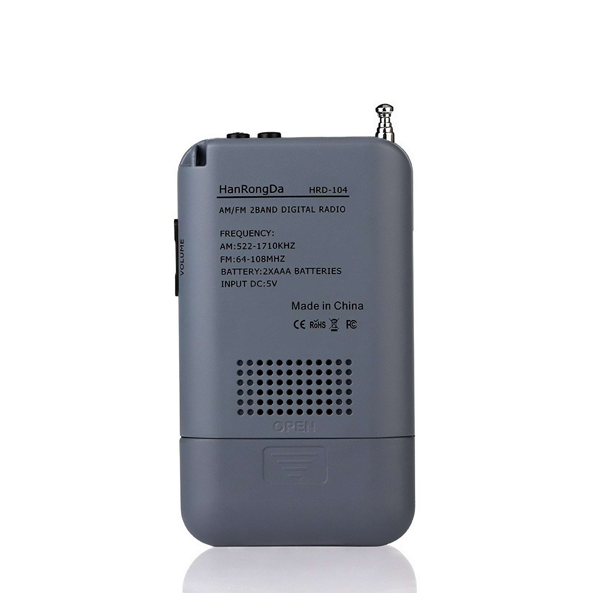 Ein graues Digitalradio mit Text, Antenne und Lautsprecher. Es hat den Markennamen HanRongDa.