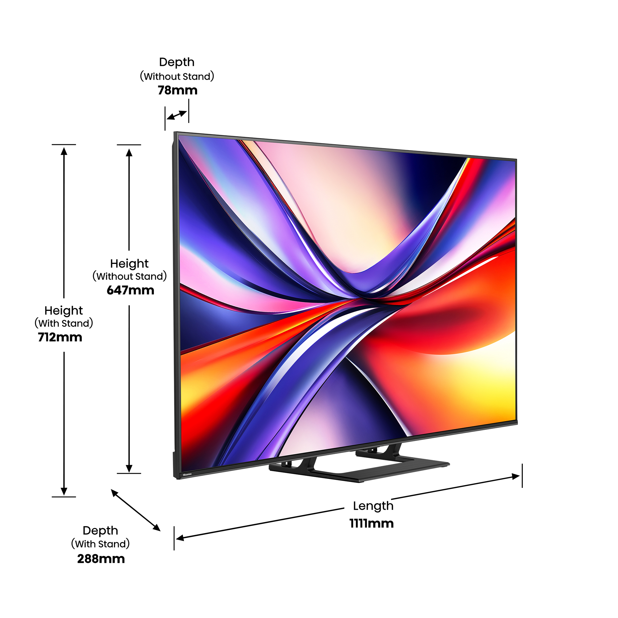 Telewizor Hisense pokazuje wymiary: wysokość 712 mm, głębokość 288 mm i długość 1111 mm. Ekran wyświetla kolorową sztukę abstrakcyjną.