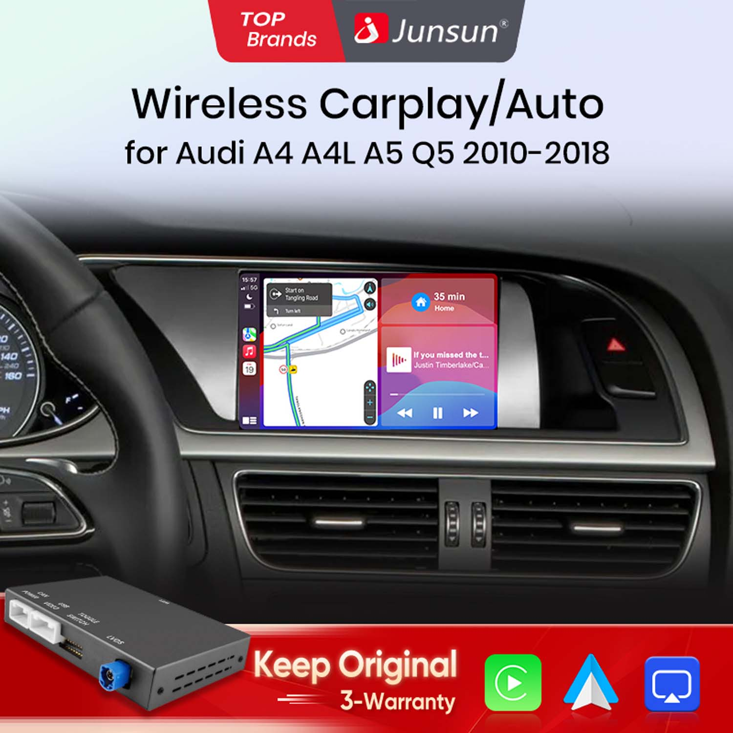 Carplay/Auto-Schnittstelle für Audi. Das Display zeigt Navigation und Musik. Eine schwarze Box mit Anschlüssen im Vordergrund.