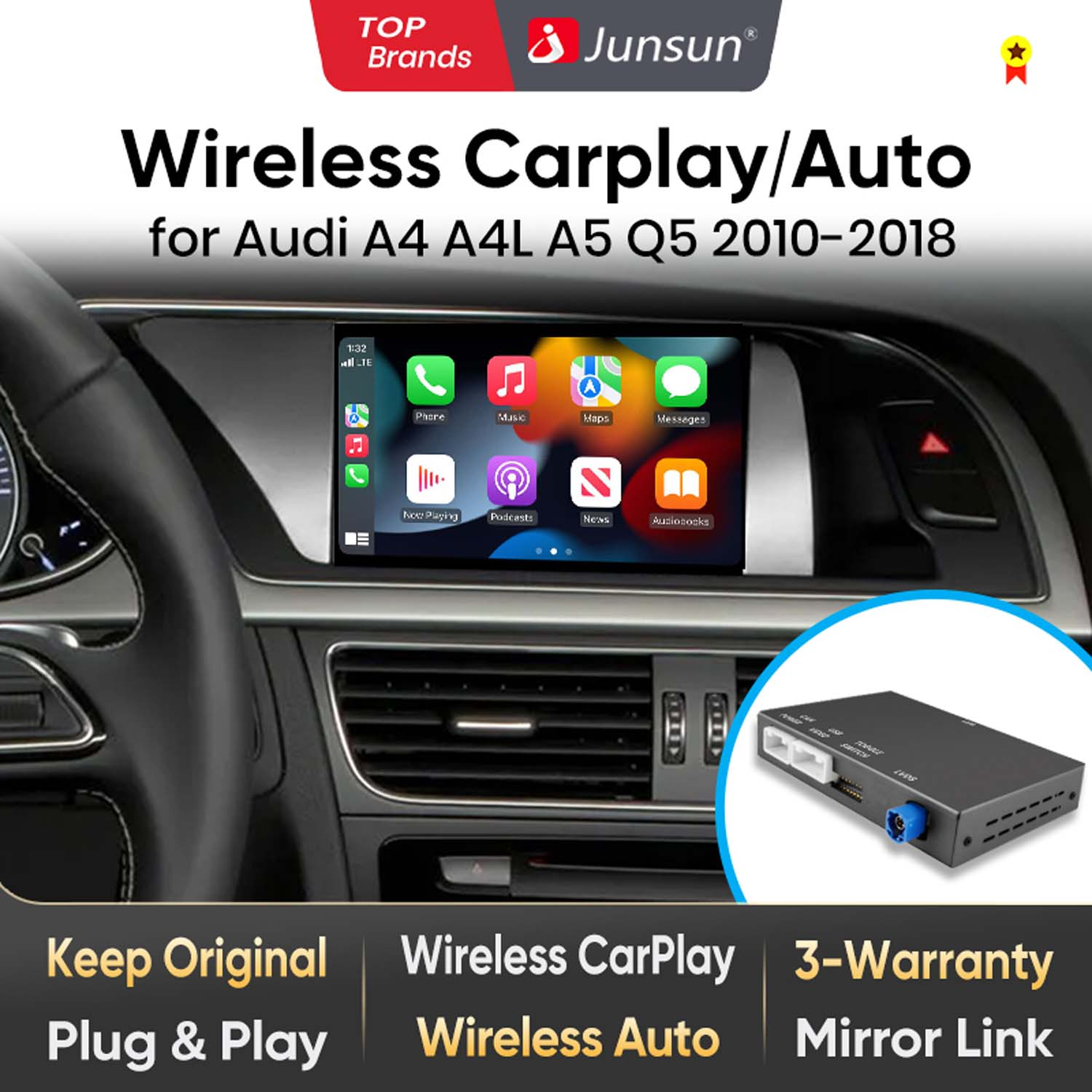 Das Bild zeigt das Armaturenbrett eines Autos mit einem Bildschirm, der Apps anzeigt. Text wirbt für Wireless CarPlay/Auto für Audi-Autos.