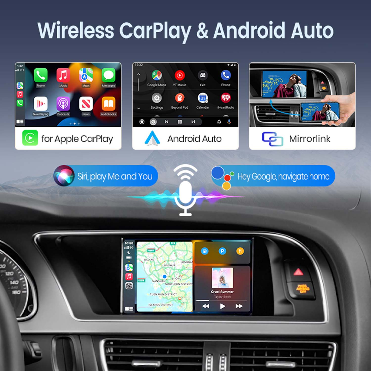 Das Bild zeigt das Infotainmentsystem des Autos mit Optionen für Apple CarPlay, Android Auto und Mirrorlink. Zeigt Musik, Karten und Telefon-Apps.
