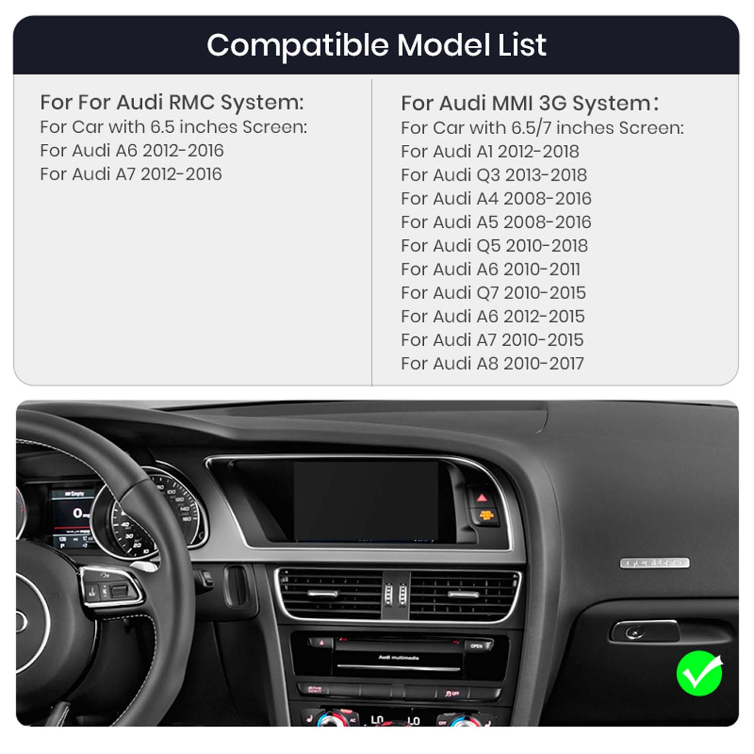 Autoinnenraum mit Armaturenbrett und Lenkrad. Im Hintergrund eine Liste kompatibler Audi-Modelle.