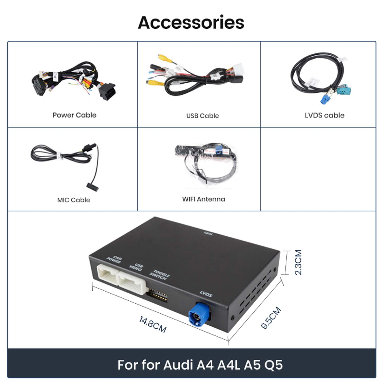 Das Bild zeigt Autozubehör: Kabel, Antenne und eine schwarze Box. Beschriftungen umfassen Strom-, USB- und LVDS-Kabel. Text: Für Audi A4 A4L A5 Q5.