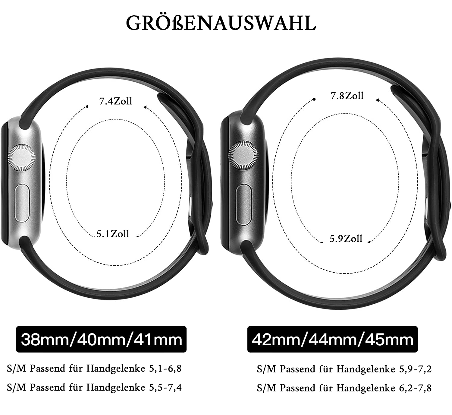 Das Bild zeigt zwei Smartwatches mit Größenangaben und Handgelenkgrößen-Kompatibilität. Text enthält "Größenauswahl" und Größenbereiche.