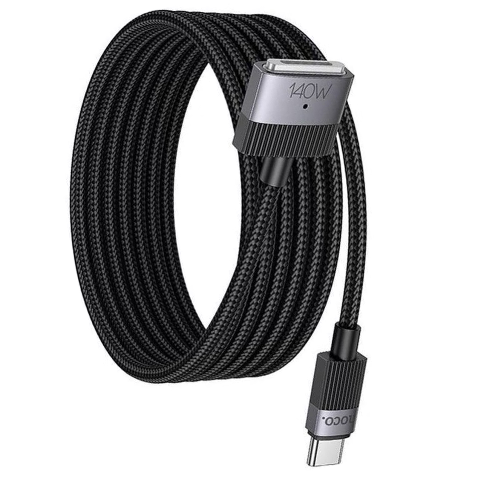 Schwarzes geflochtenes Ladekabel mit einem silbernen Stecker mit der Aufschrift '140W' und einem USB-C-Stecker.