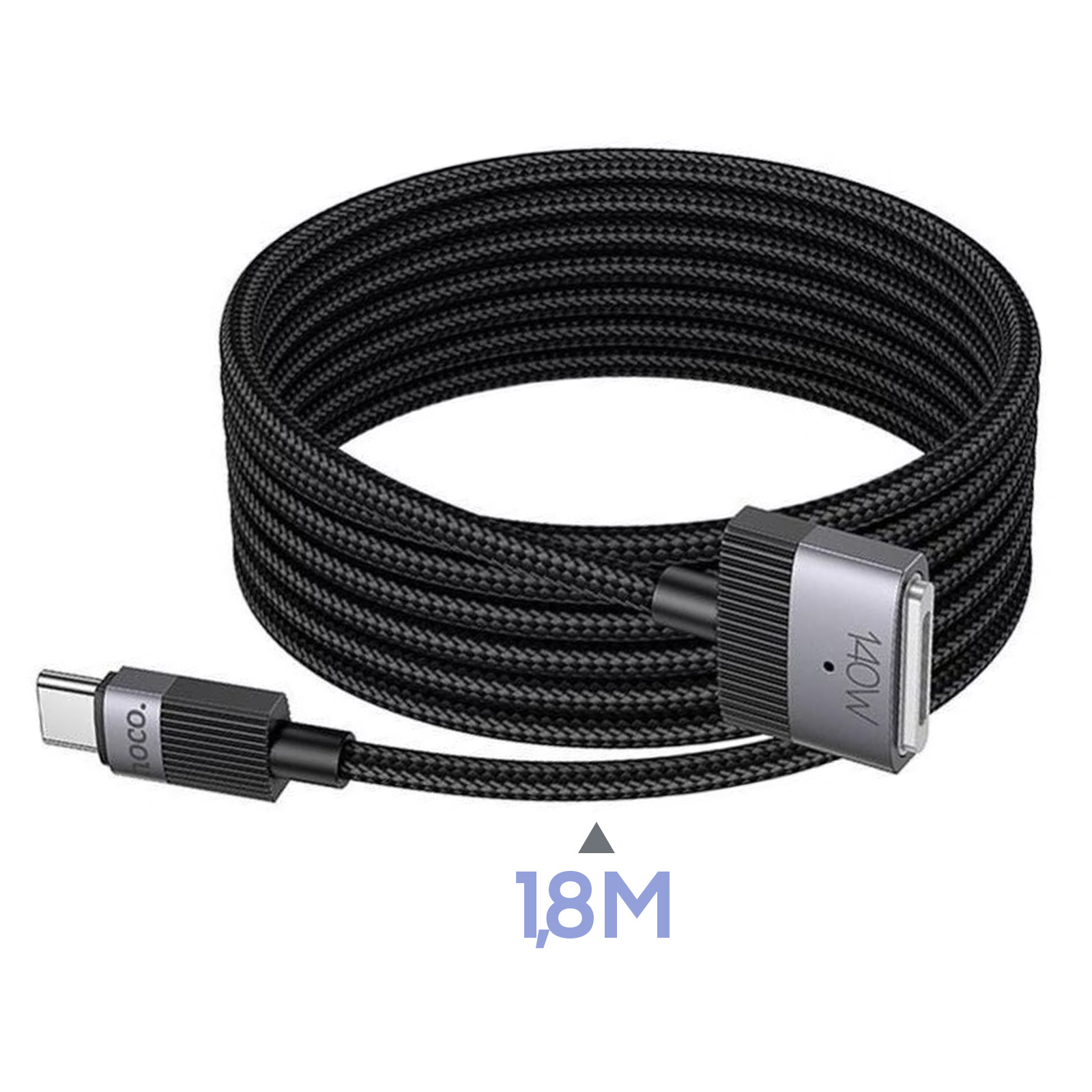 Ein schwarzes geflochtenes USB-C-Kabel, aufgerollt. Mit einem grauen Stecker mit '140W' und einem weiteren mit 'hoco.'. Die Kabellänge beträgt 1,8 m.