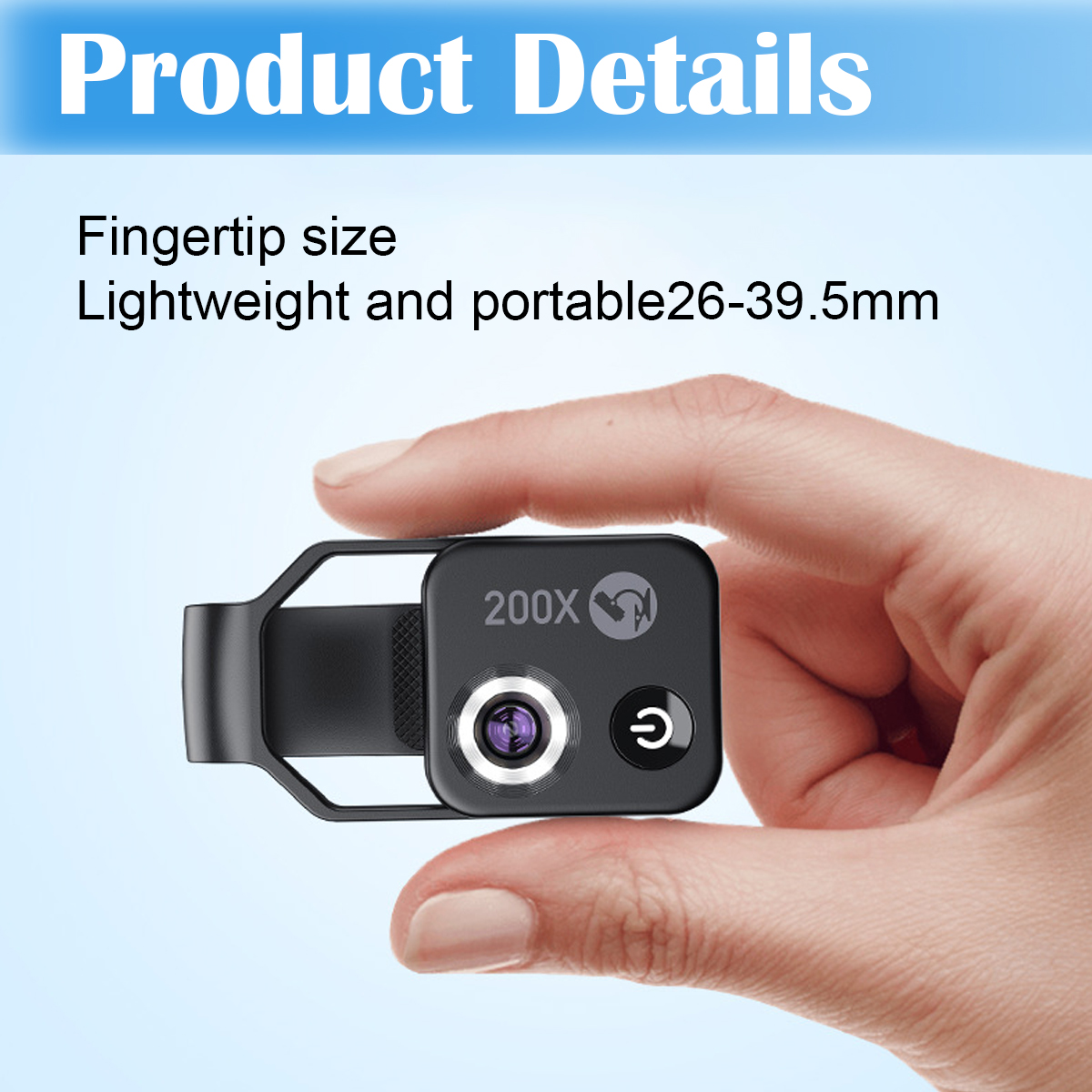 Eine Hand hält ein schwarzes Gerät mit Linse. Das Gerät hat einen Power-Knopf und die Markierung 200X. Text oben: 'Produktdetails'.