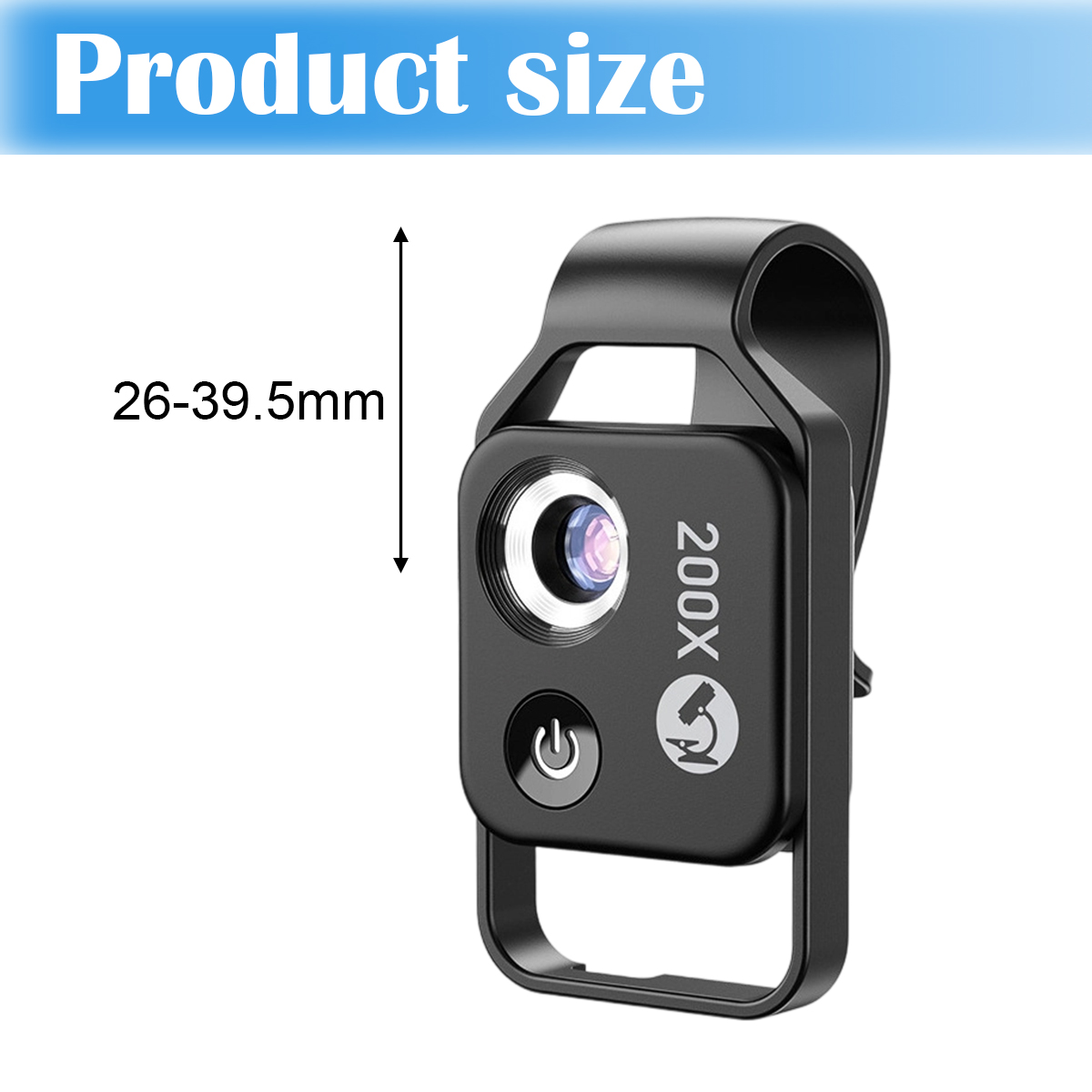 Schwarze Telefonlinse mit Ein/Aus-Taste und 200X-Text. Produktgröße wird mit 26-39,5 mm angegeben.