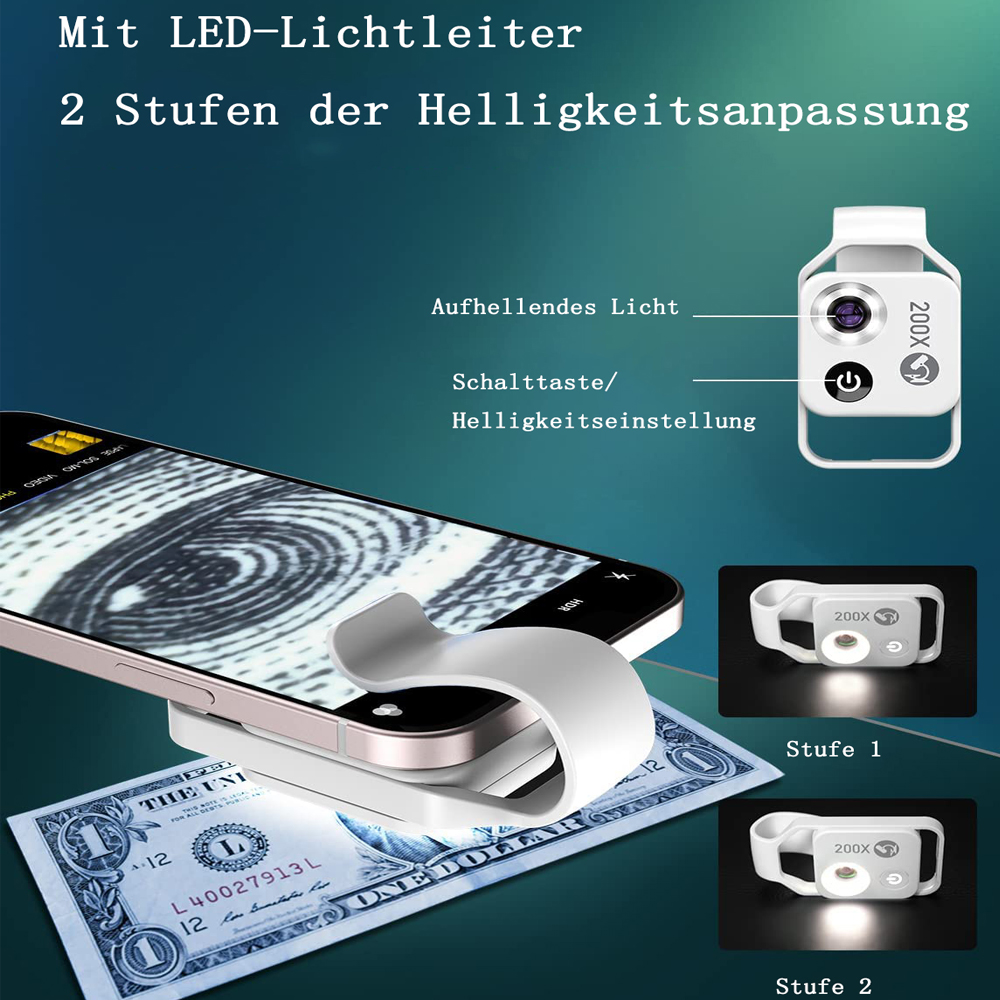 Ein Smartphone mit Lupe untersucht eine Dollarnote. Die Linse hat Helligkeitseinstellungen und LED-Licht. Nahaufnahme eines Fingerabdrucks.
