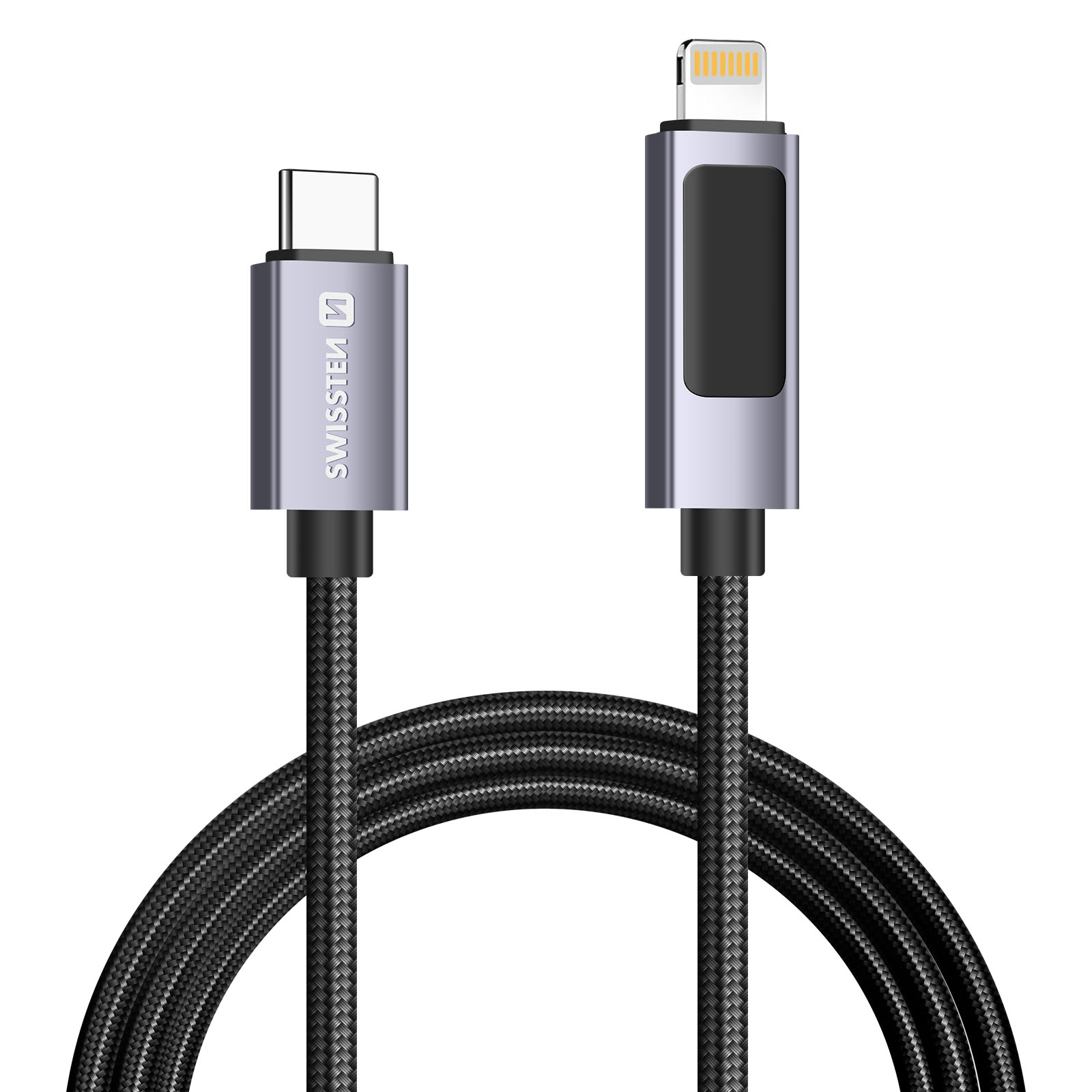 Un câble USB-C vers Lightning argenté et noir. Le câble est noir et en boucle. Les connecteurs sont argentés et noirs.