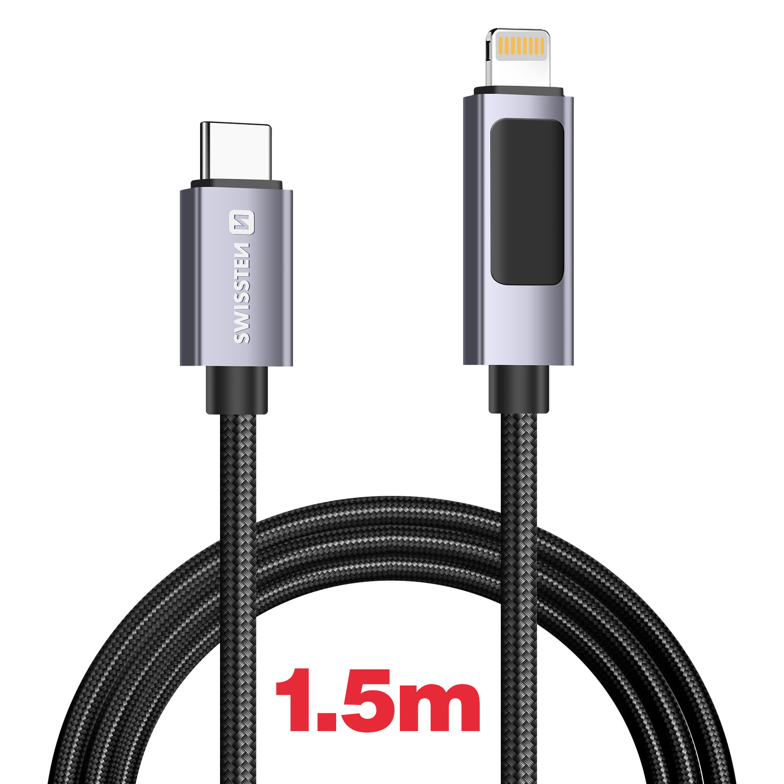 Un câble de chargement avec connecteurs USB-C et Lightning, câble tressé noir, étiquette de longueur 1,5 m en rouge.