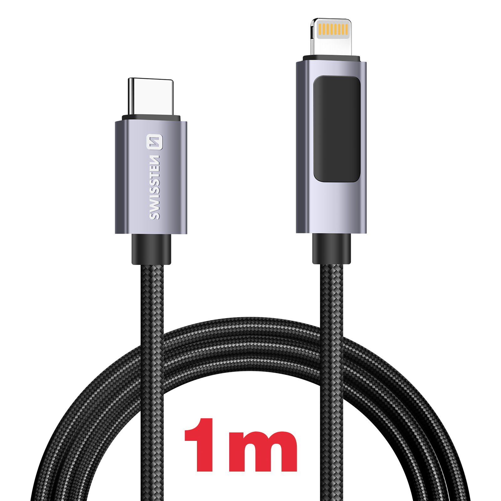 Un câble de charge avec connecteur USB-C et Lightning, câble noir avec marquage 1m.