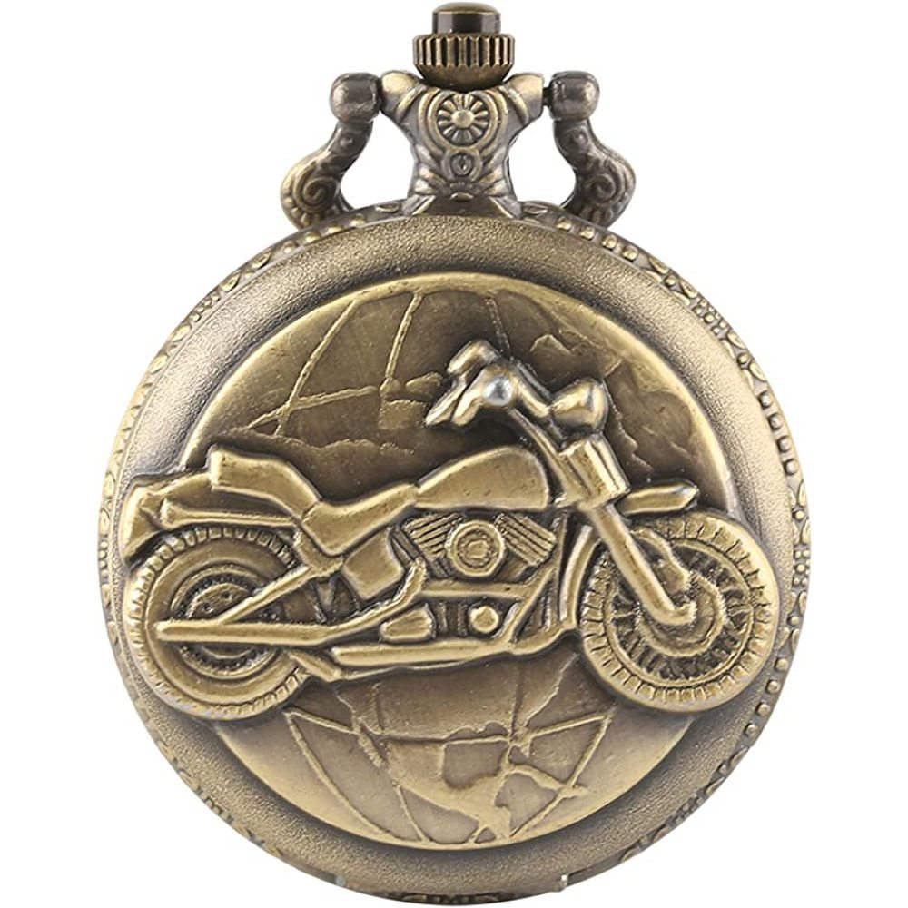 Eine bronzefarbene Taschenuhr mit Motorrad-Design. Die Uhr ist rund mit komplizierten Details und einem dekorativen Oberteil.