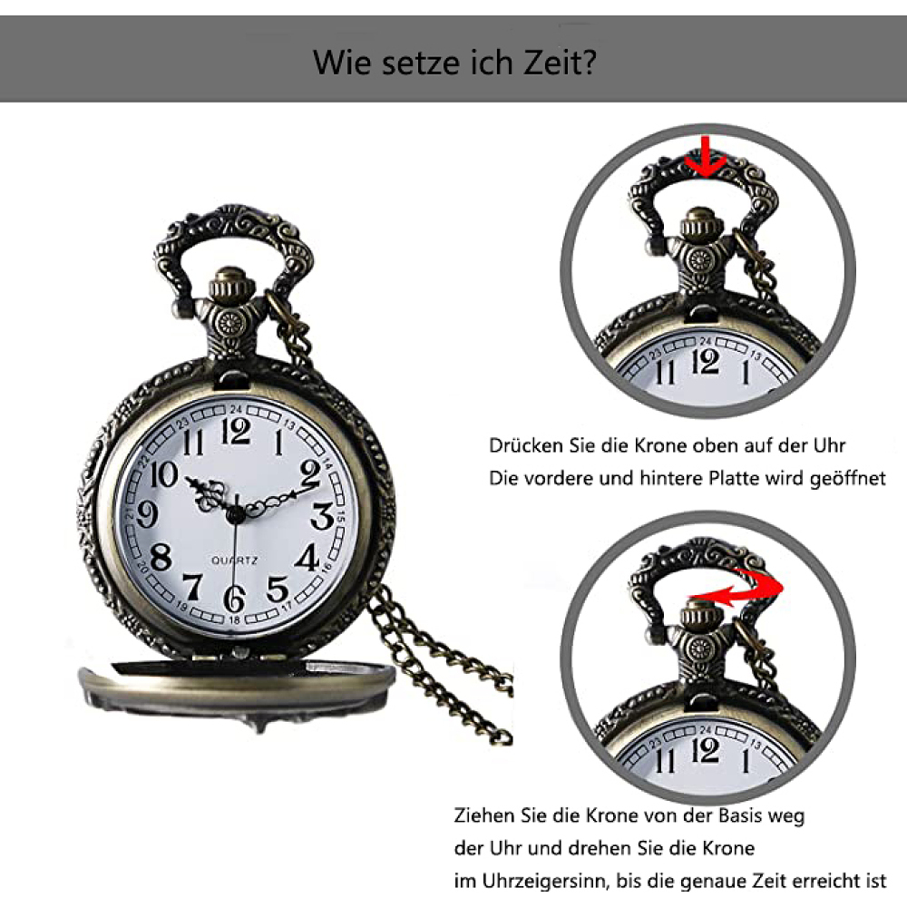 Eine Taschenuhr mit weißem Zifferblatt, schwarzen Zeigern und römischen Ziffern. Anweisungen zeigen, wie man die Zeit einstellt.