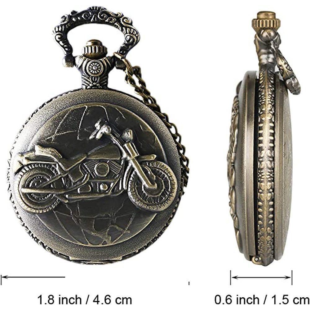 Eine bronzefarbene Taschenuhr mit Motorrad-Design und Kette. Sie befindet sich neben ihrer Seitenansicht. Maße der Uhr sind angegeben.