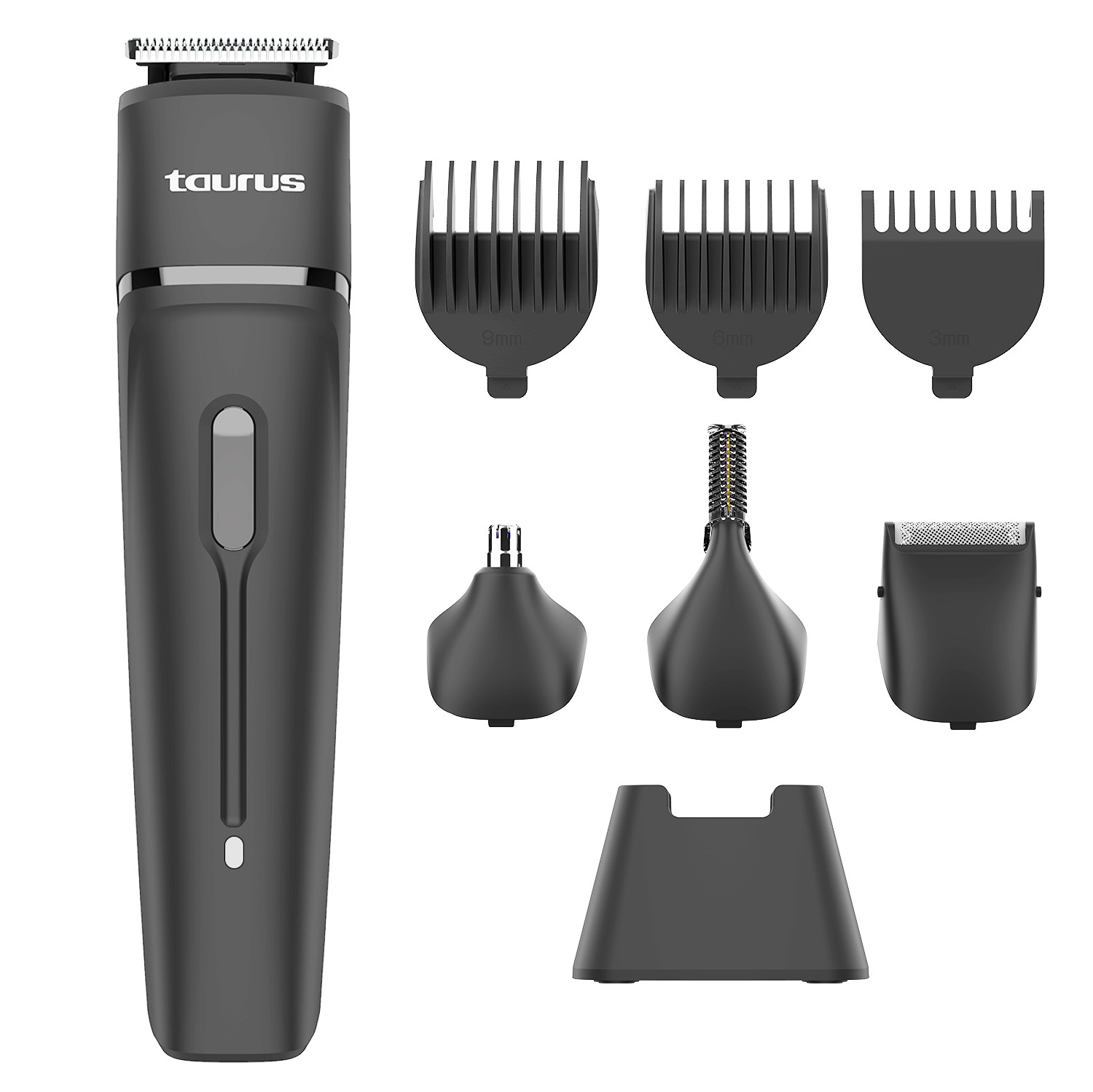 Un multi-groomer Taurus grigio scuro con accessori: pettini (9mm, 6mm, 3mm), rifinitore nasale, rifinitore di dettaglio e base di ricarica. Sfondo bianco.