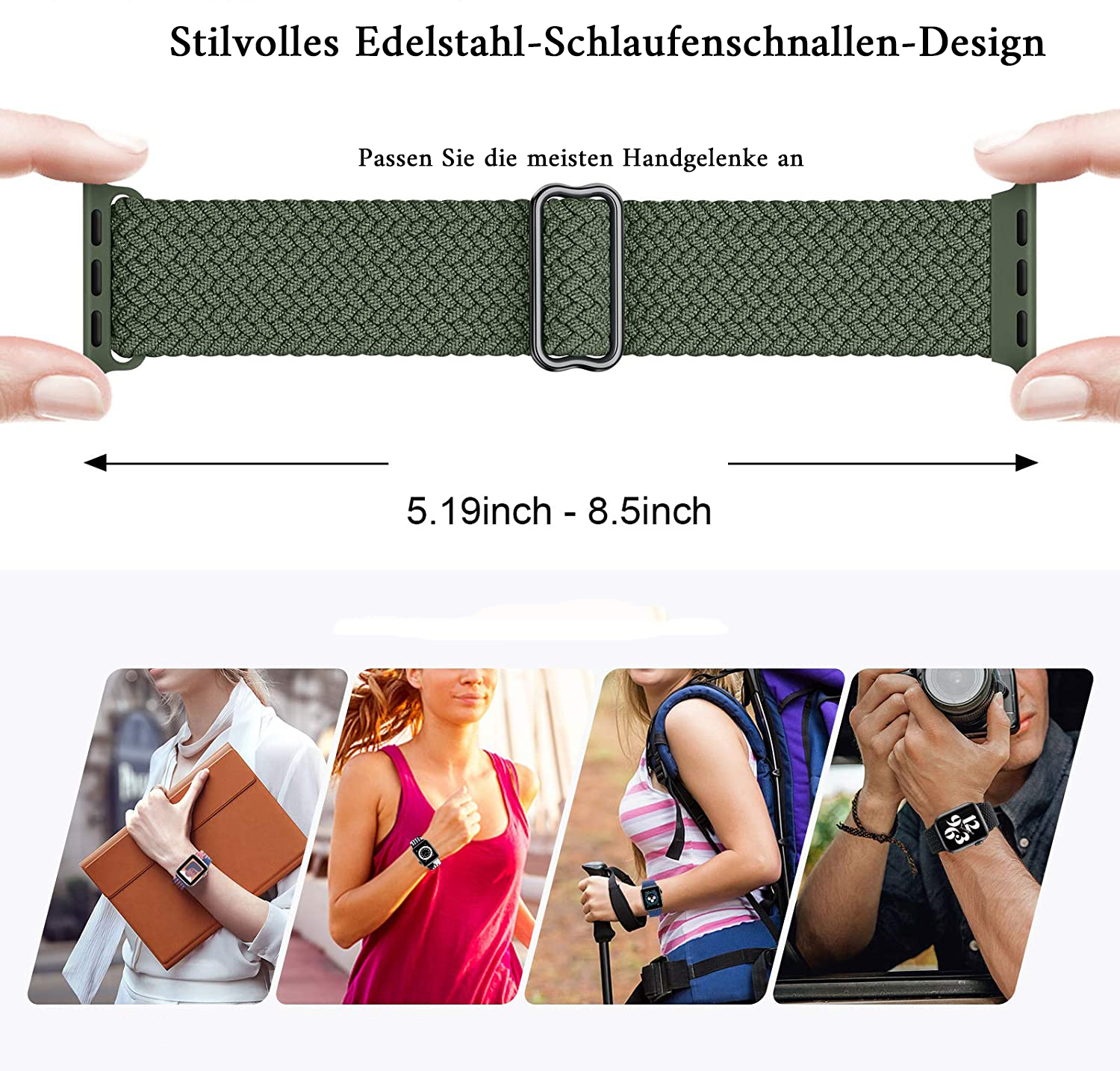 Grünes Uhrenarmband mit Edelstahlschnalle. Hände passen das Armband an. Darunter vier Personen mit Uhren, die die Anwendung demonstrieren.