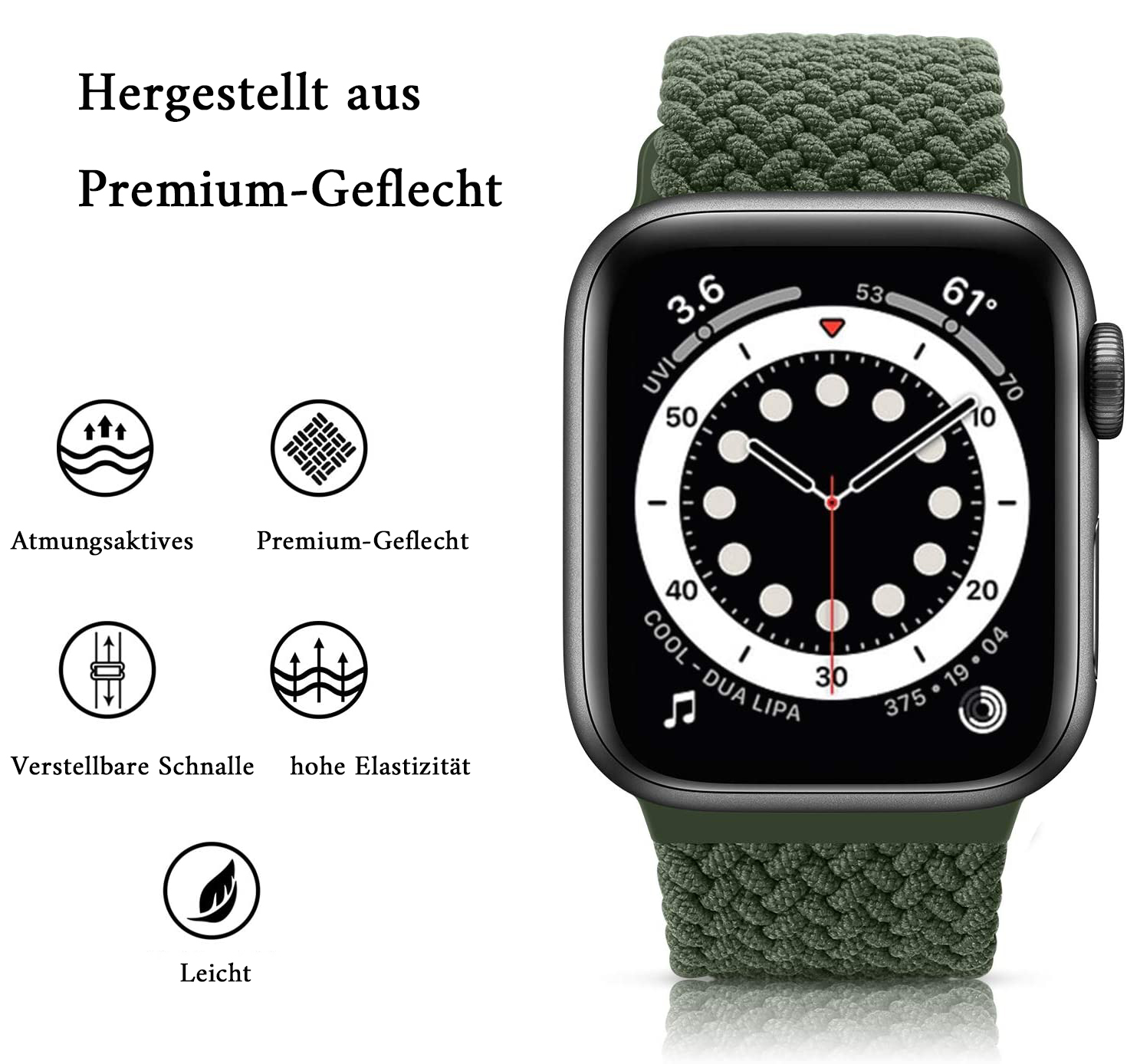 Apple Watch mit grünem geflochtenem Armband. Text: Premium-Geflecht, Atmungsaktives, Verstellbare Schnalle und Leicht.