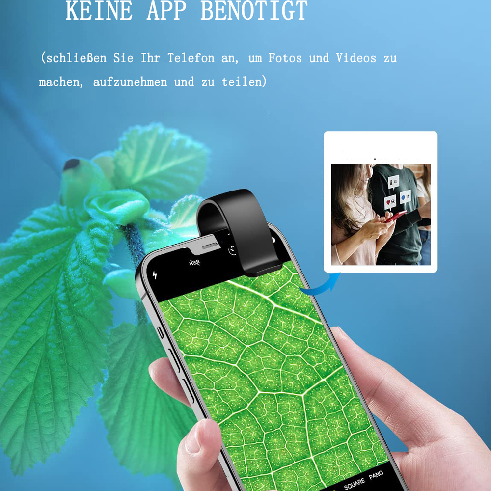 Ein Telefon zeigt ein vergrößertes Blatt, mit einer Linse. Einsetzbild zeigt Personen, die Telefone benutzen. Text: Keine App benötigt.