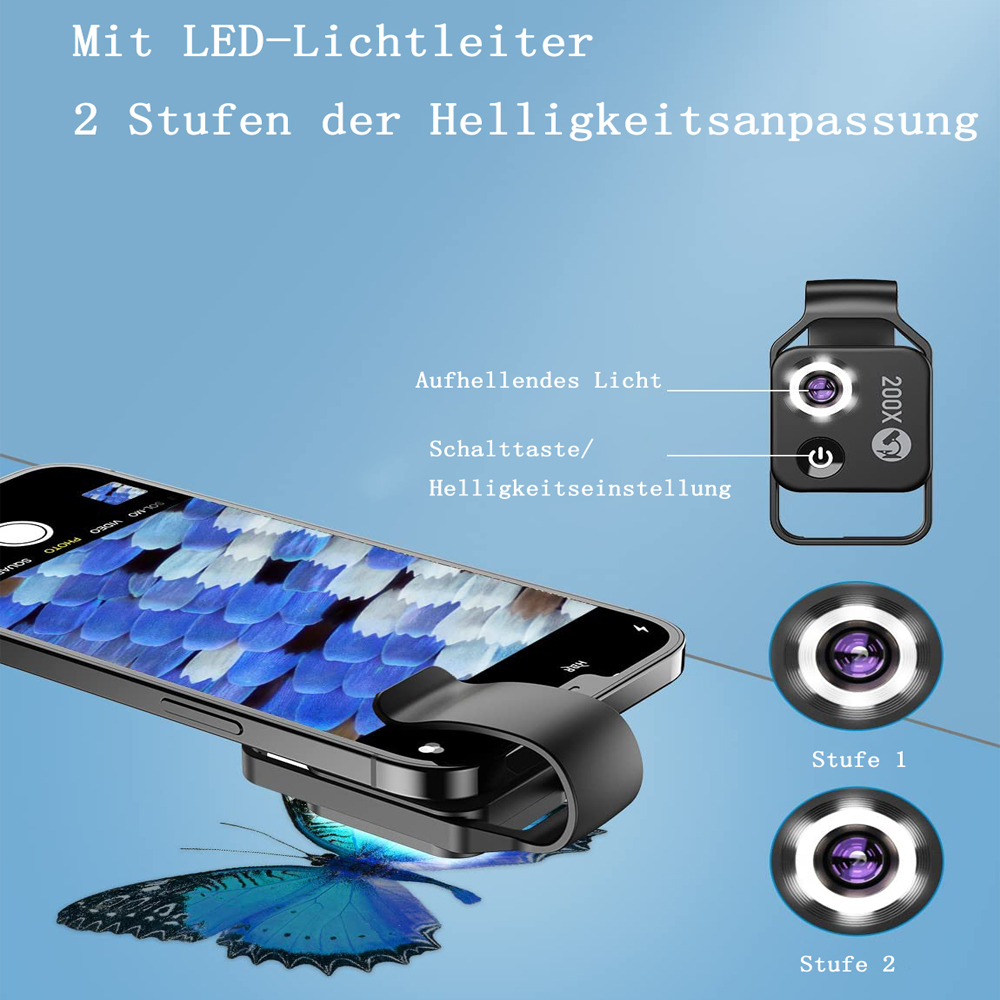 Das Bild zeigt ein Smartphone mit aufgesetzter Linse, das Details eines Schmetterlingsflügels darstellt. Text zeigt LED-Licht und Helligkeitsstufen.