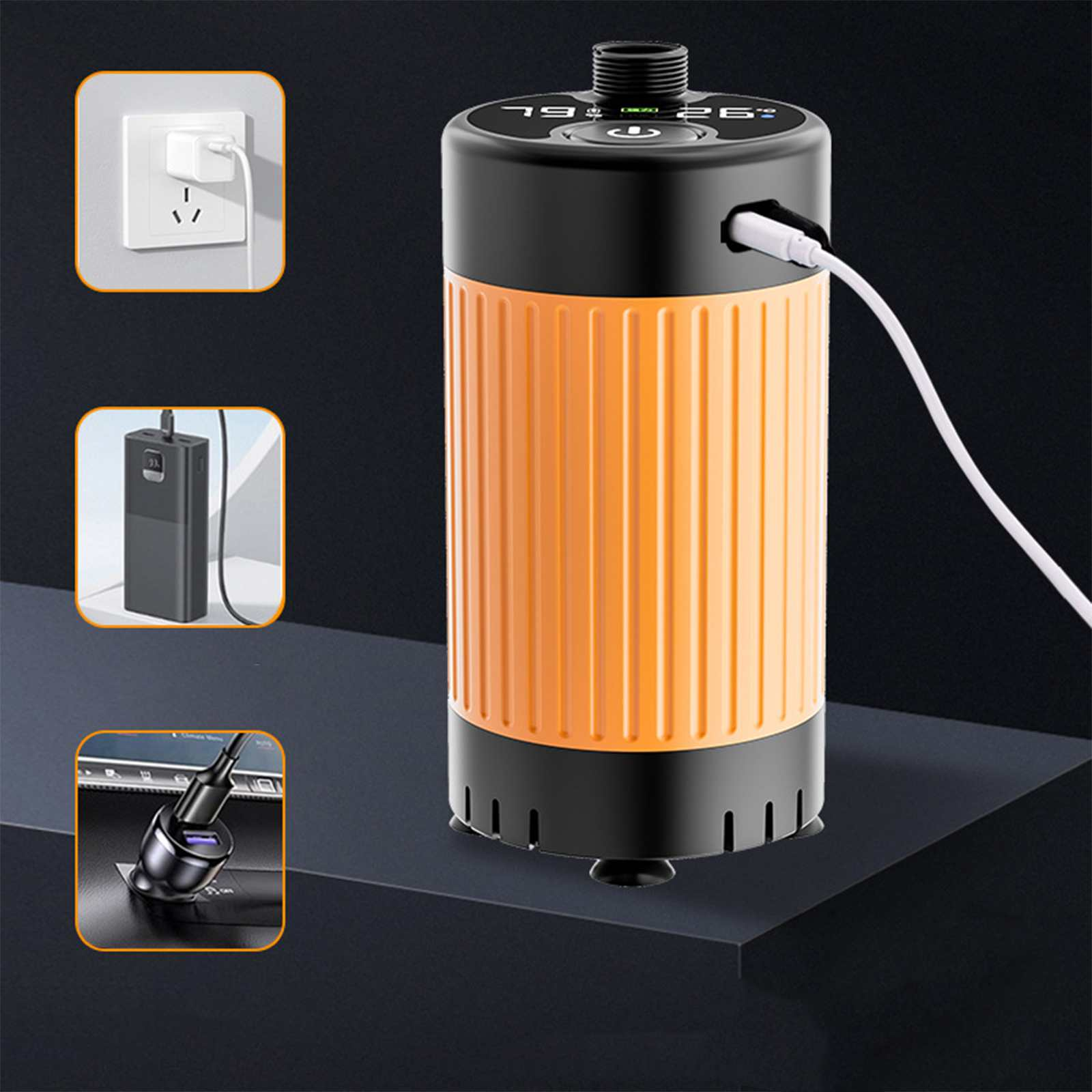 Ein orange-schwarzes Gerät, weißes Kabel, mit Ladezubehör, auf dunkler Oberfläche. Anzeige zeigt Zahlen.