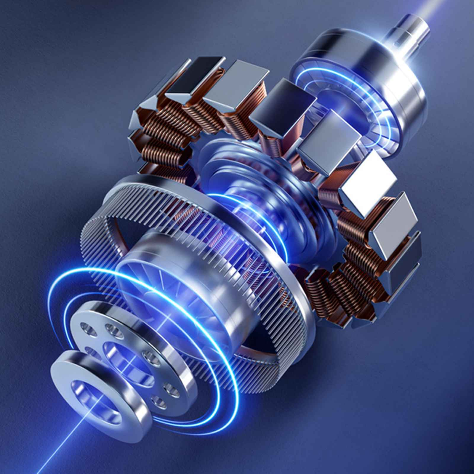Detaillierte Ansicht einer Motorkomponente. Metallteile mit Kupferspulen werden durch blaues Neonlicht hervorgehoben.