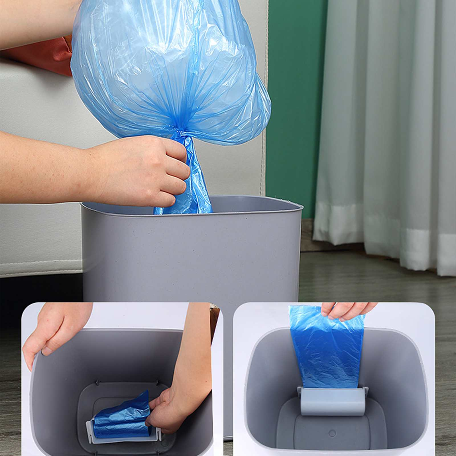 Eine Person legt einen blauen Müllsack in einen grauen Mülleimer. Eine andere Hand legt eine Nachfüllrolle ein.