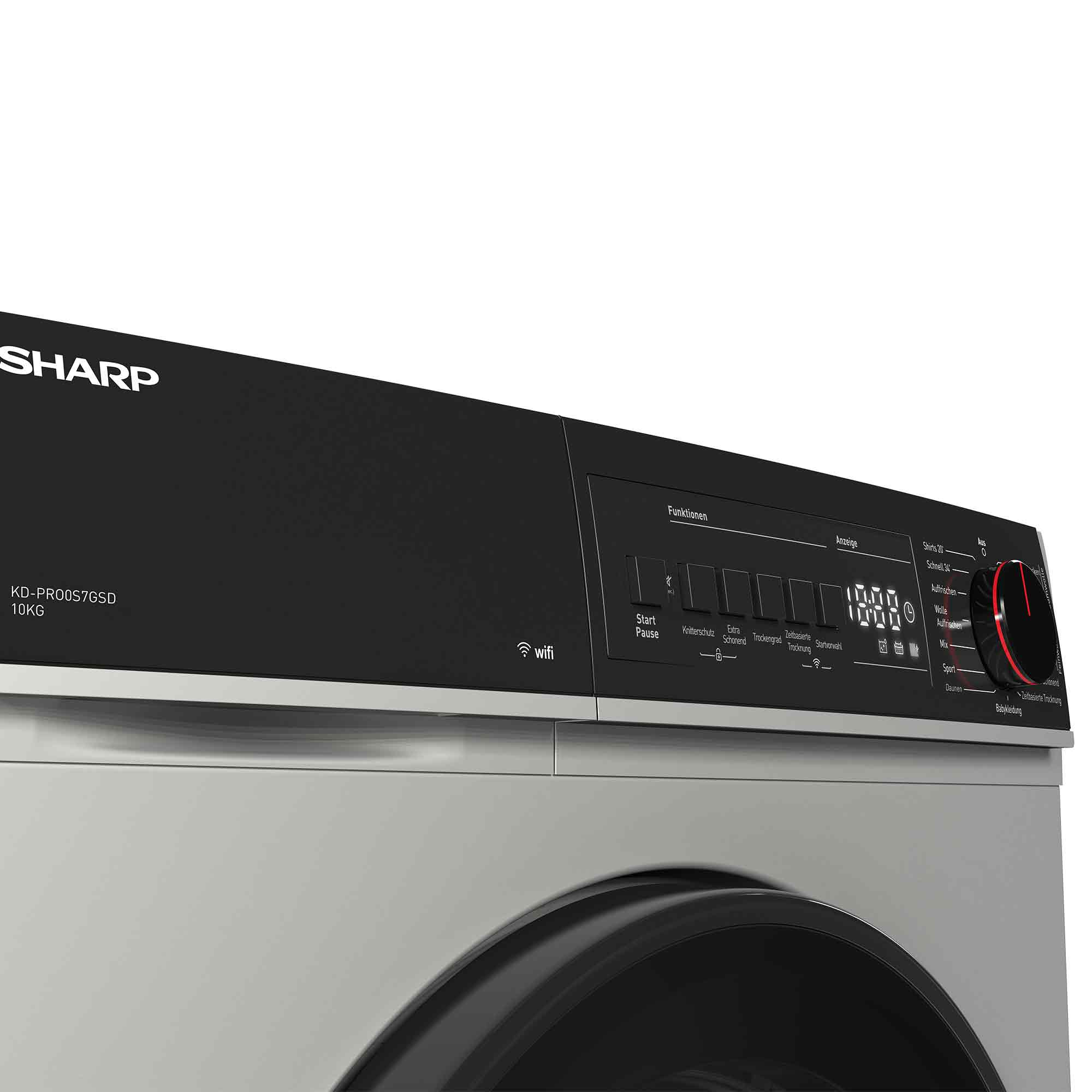 Eine Sharp-Waschmaschine mit Bedienfeld, das verschiedene Funktionen und eine Digitalanzeige zeigt. WLAN-Symbol sichtbar.