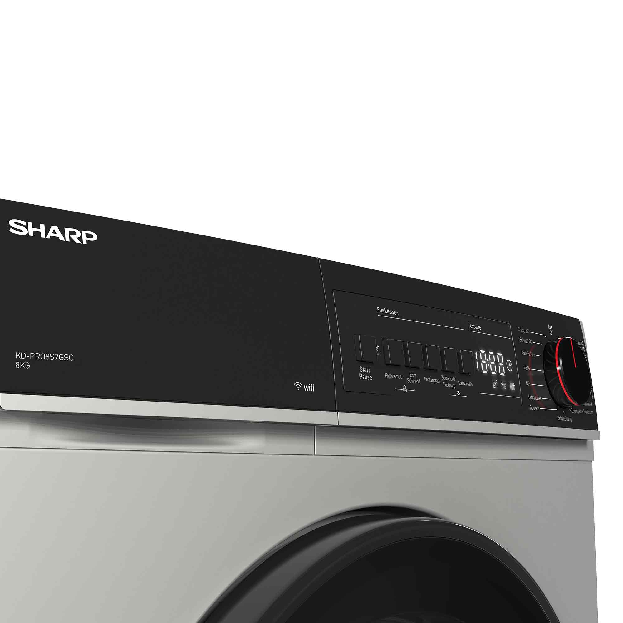 Eine Sharp Waschmaschine mit schwarzem Oberteil, Bedienelementen und Digitalanzeige. Die Tür ist silber und schwarz.