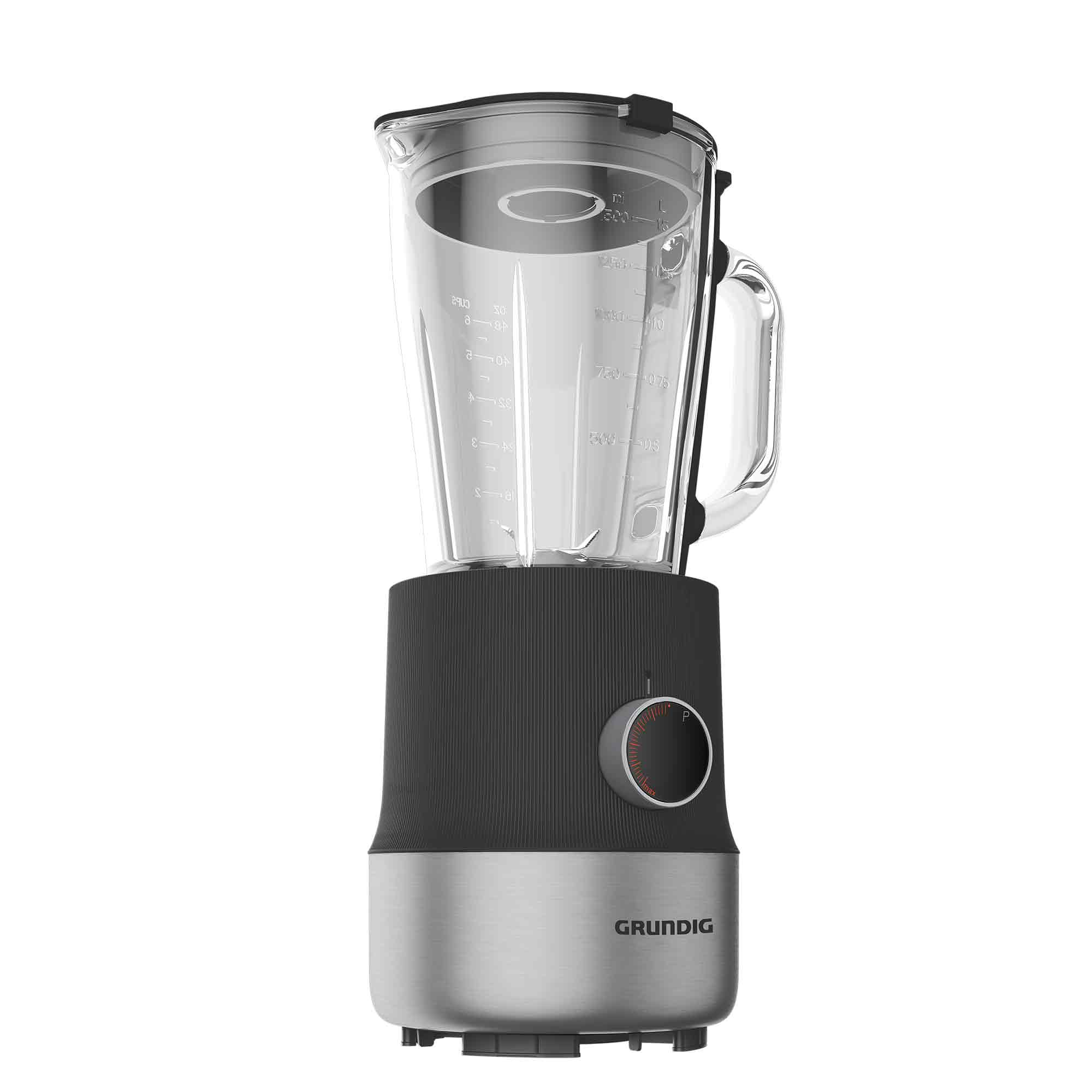 Ein Grundig-Mixer. Er hat einen Glaskrug, einen schwarz-silbernen Sockel mit einem Drehknopf und eine Kapazitätsanzeige.