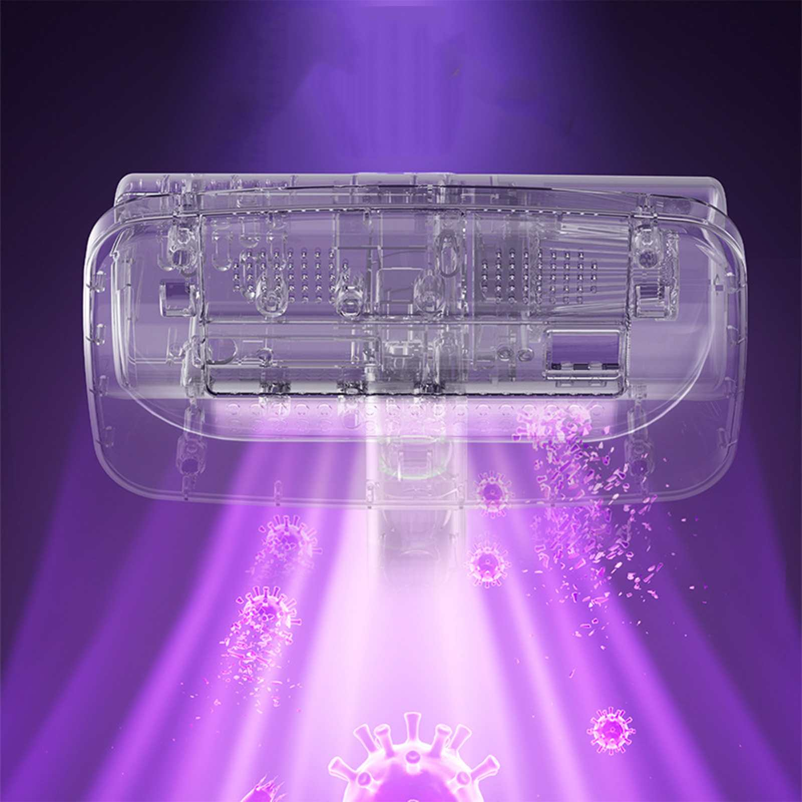 Ein klares Gerät strahlt violettes Licht aus, das Desinfektion symbolisiert. Schwebende, virusartige Partikel sind sichtbar.