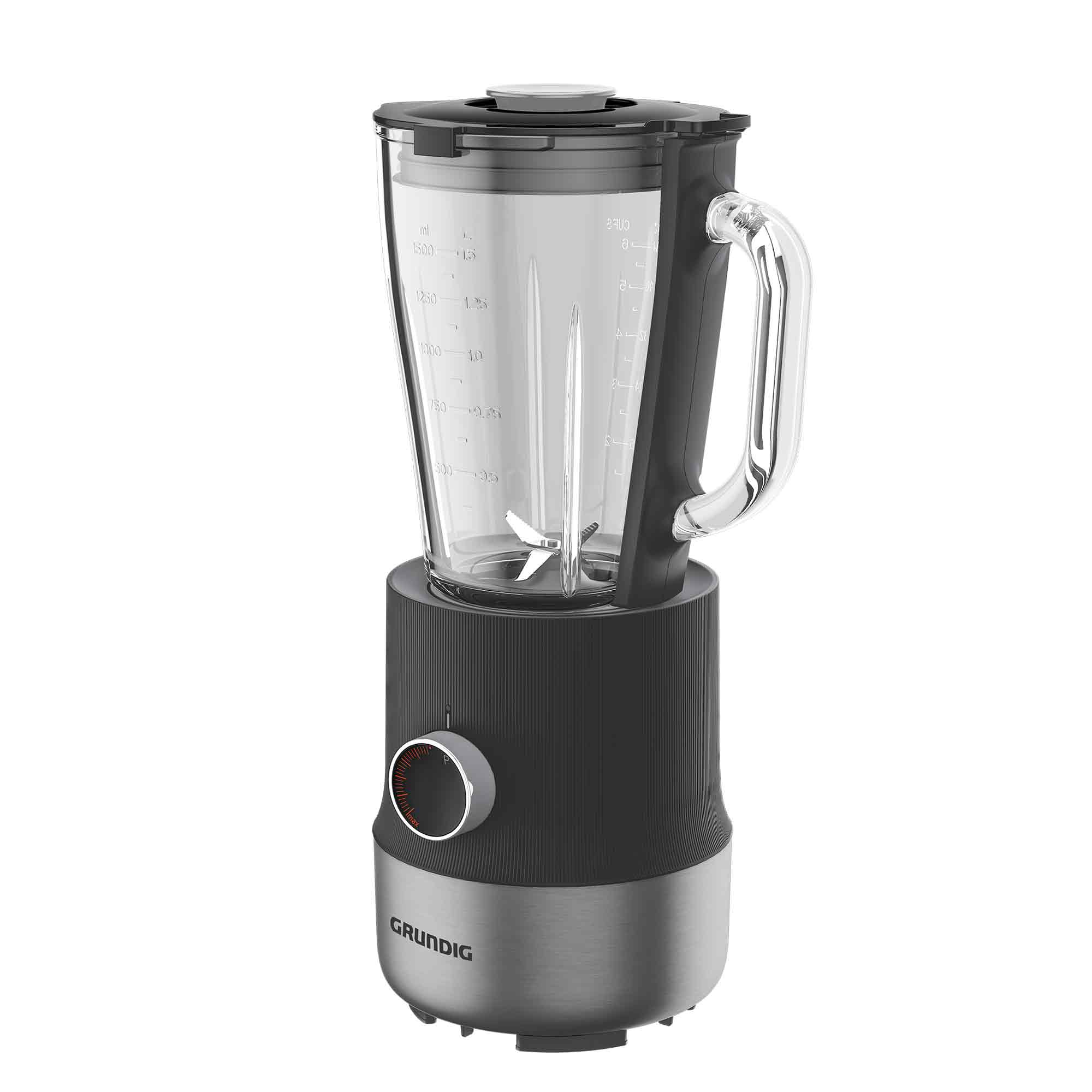 Ein Grundig-Mixer. Er hat einen schwarzen Körper, einen durchsichtigen Krug und einen silbernen Sockel. Ein Zifferblatt mit roten Details ist sichtbar.