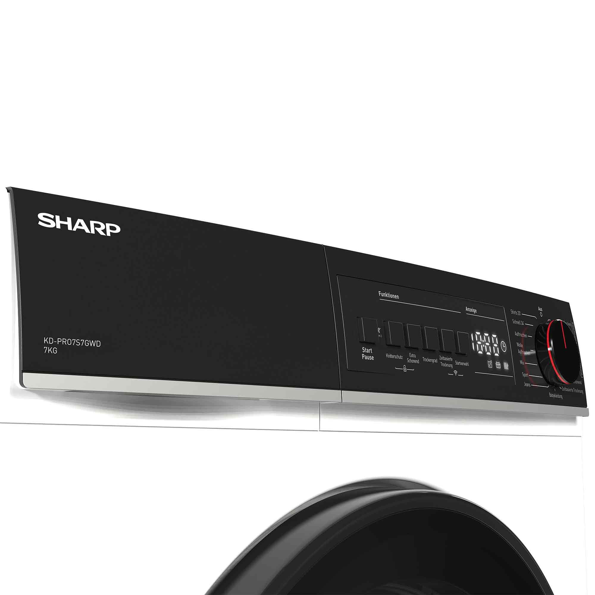 Eine schwarze Sharp-Waschmaschine. Sie hat ein digitales Display, Knöpfe und einen Drehregler. Modell: KD-PRO7S7GWD.