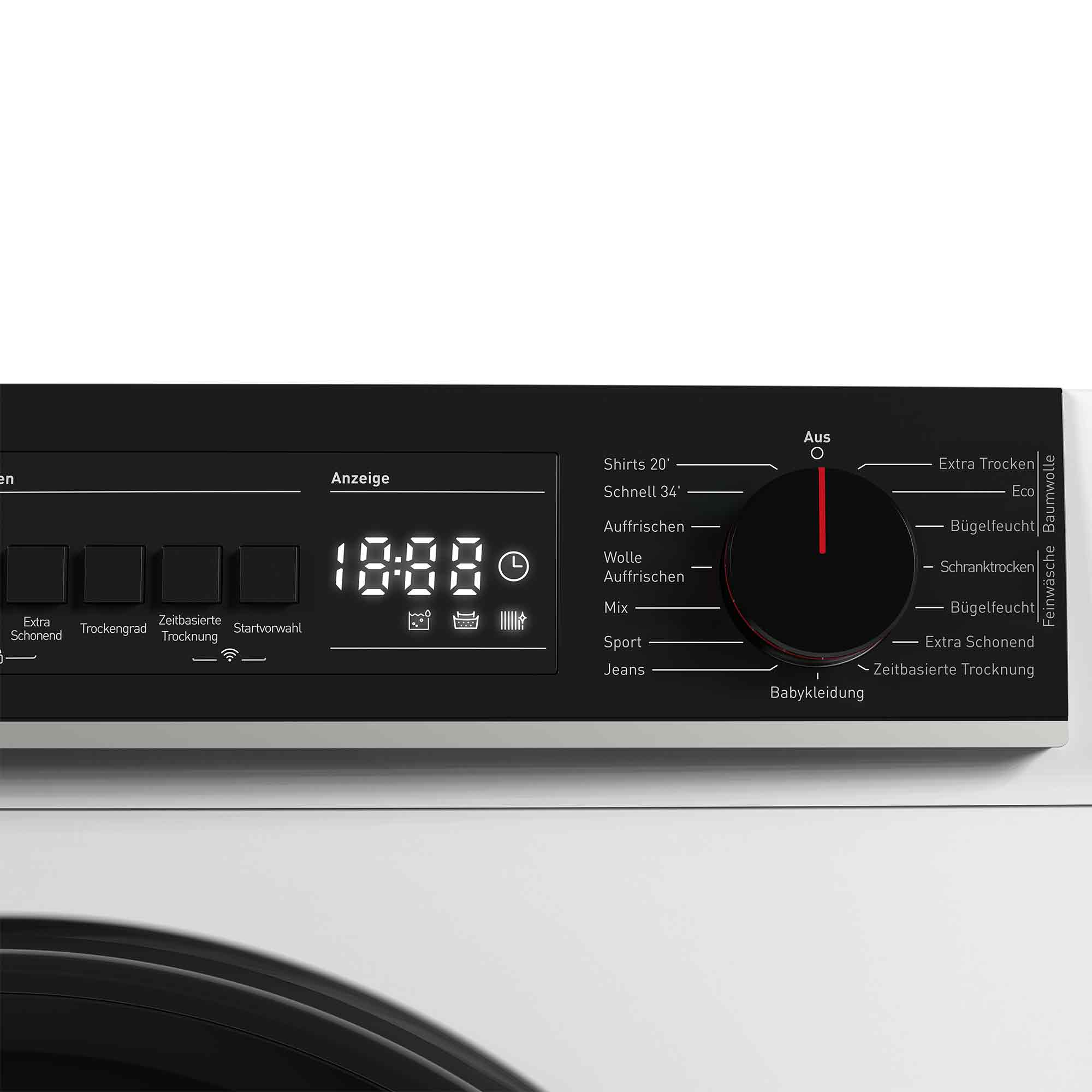 Nahaufnahme des Bedienfelds eines Trockners. Es hat eine Digitalanzeige, einen Drehregler und Tasten für Programme.