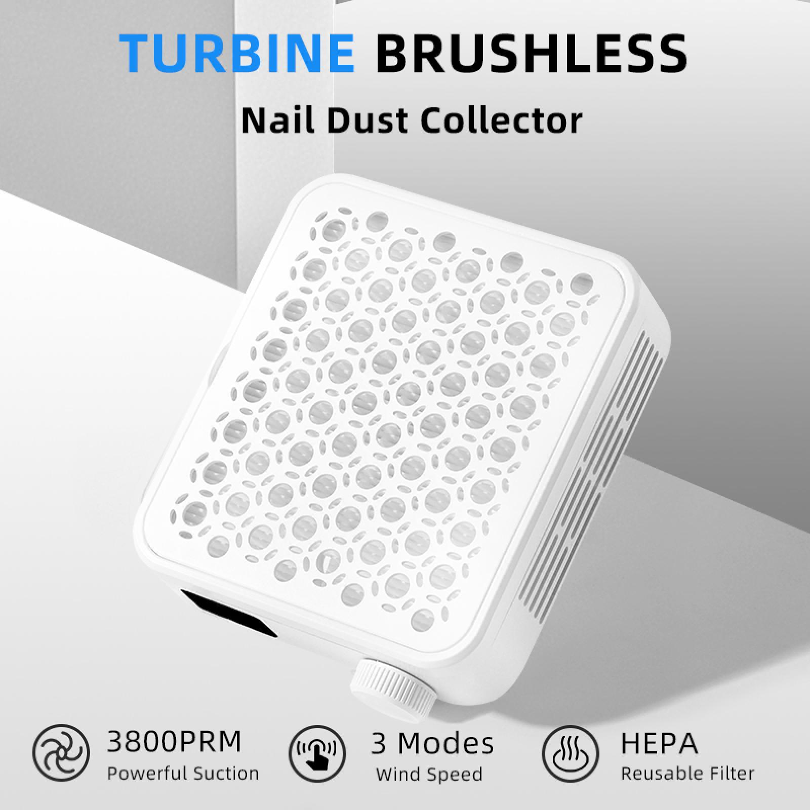 Ein weißer Nagelstaubabsauger mit den Worten 'TURBINE BRUSHLESS'. Zu den Merkmalen gehören 3 Modi, HEPA-Filter und starke Saugkraft.