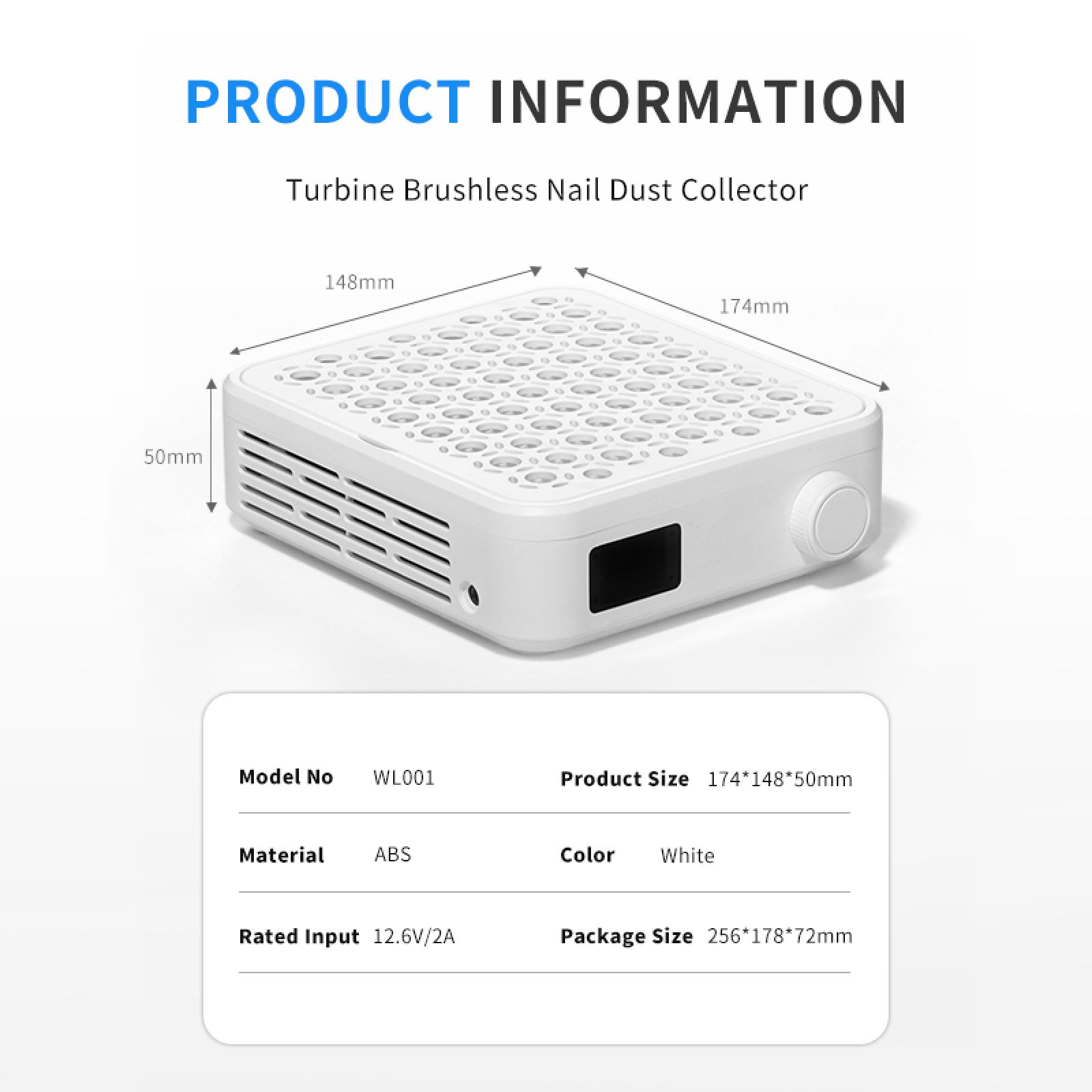 Weißer Nagelluftabsauger mit Maßen. Enthält Produktinformationen: Modell, Material, Farbe, Eingang und Paketgröße.