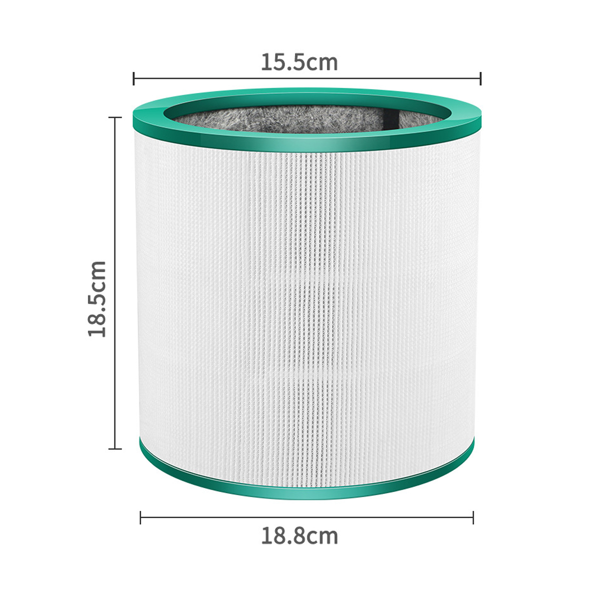 Zylindrischer Luftfilter mit grünem Rand, weißem Filtermaterial und Maßangaben: 15,5 cm, 18,5 cm und 18,8 cm.