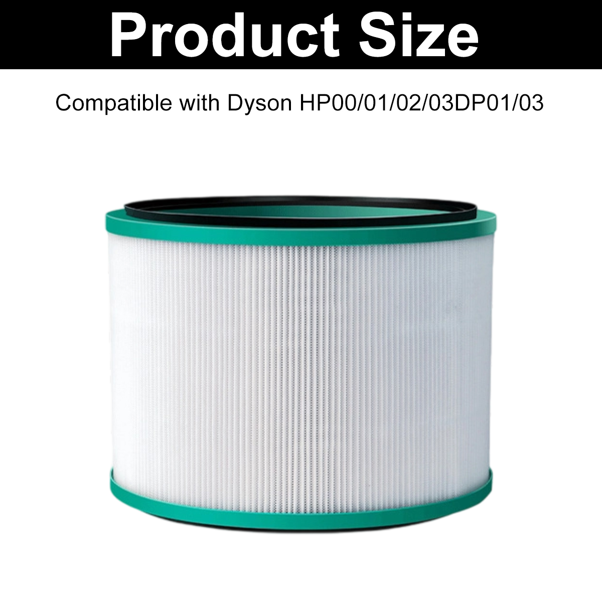 Ein zylindrischer Luftfilter mit weißem Kern, grüner Einfassung und schwarzem Deckel. Text oben: 'Produktgröße'. Kompatibel mit Dyson-Modellen.