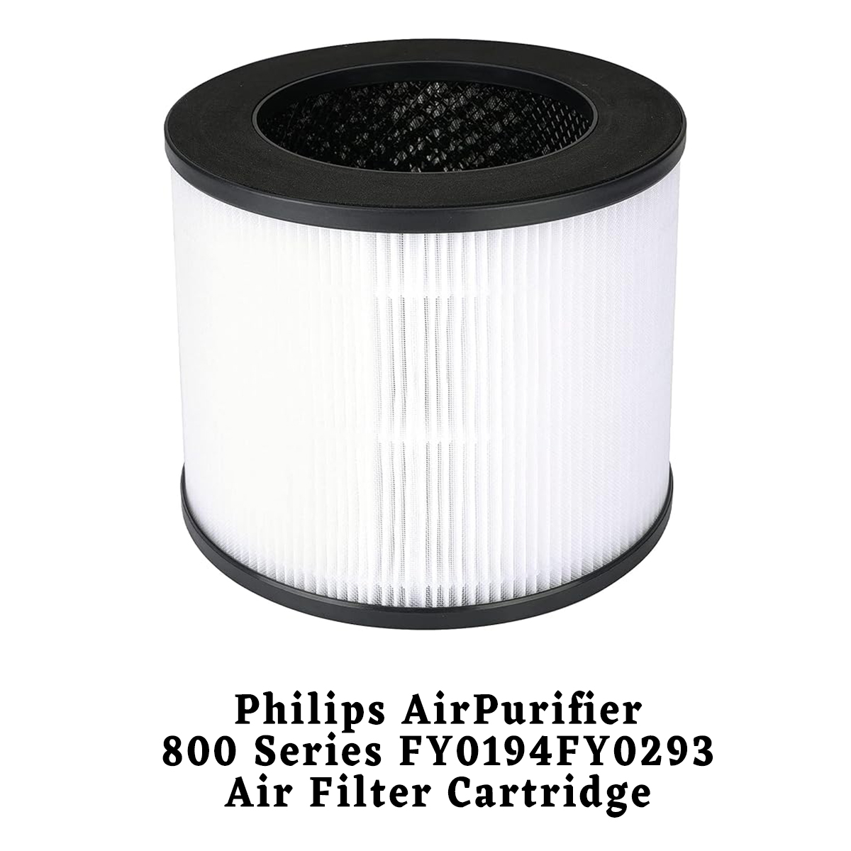 Eine Luftfilterpatrone, weiß mit schwarzen Rändern und einem schwarzen Maschenoberteil. Text unten: „Philips AirPurifier“ und Modelldetails.